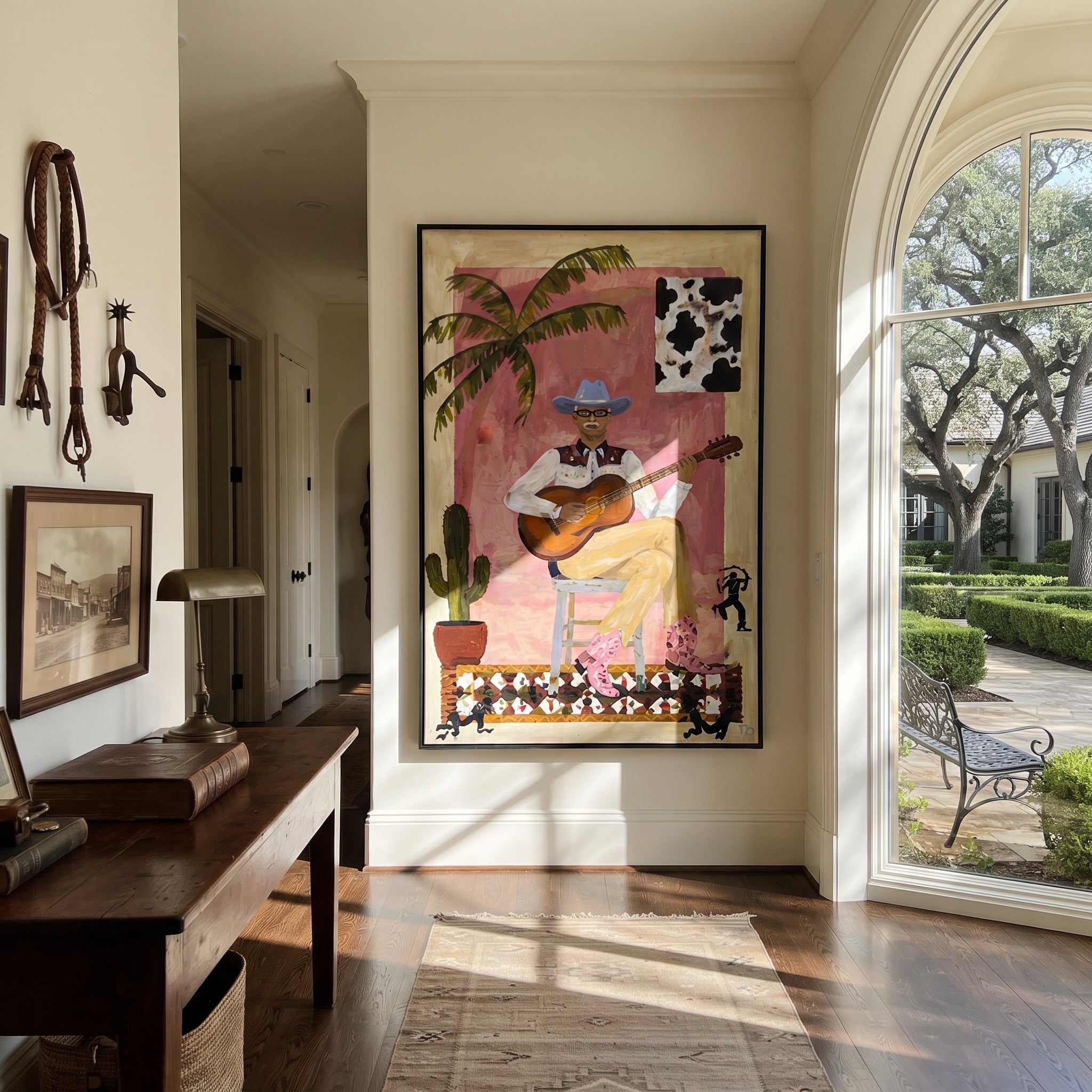 Guitar Warms Pink Courtyard styled with wood, linen, and modern decor