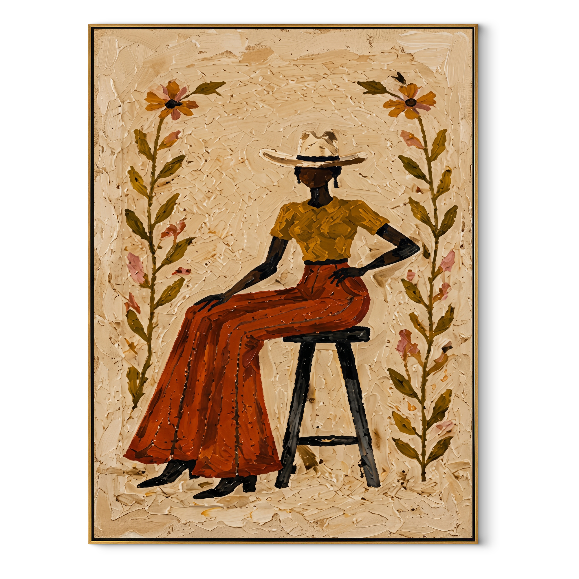 Flowers Guard Terra Skirt Western figurative painting, vertical canvas artwork