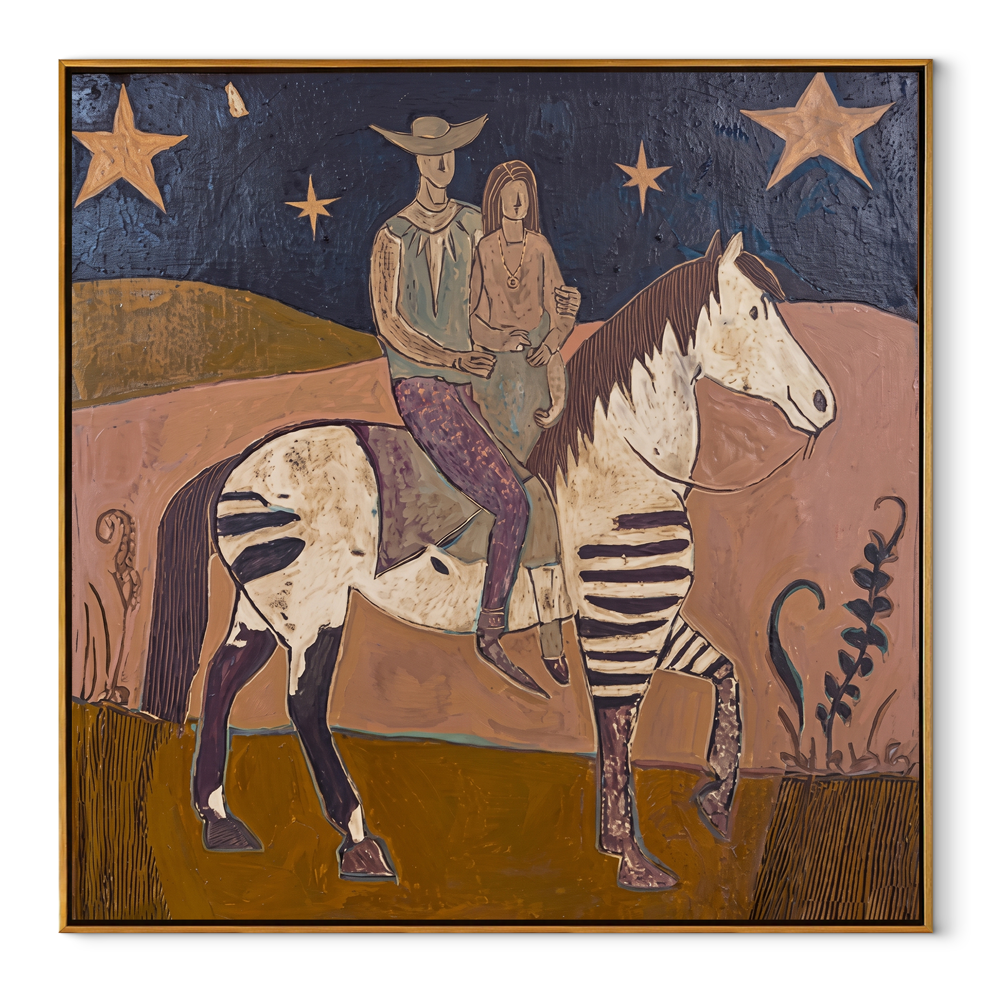 Two Riders Follow Stars Western figurative painting, square canvas artwork