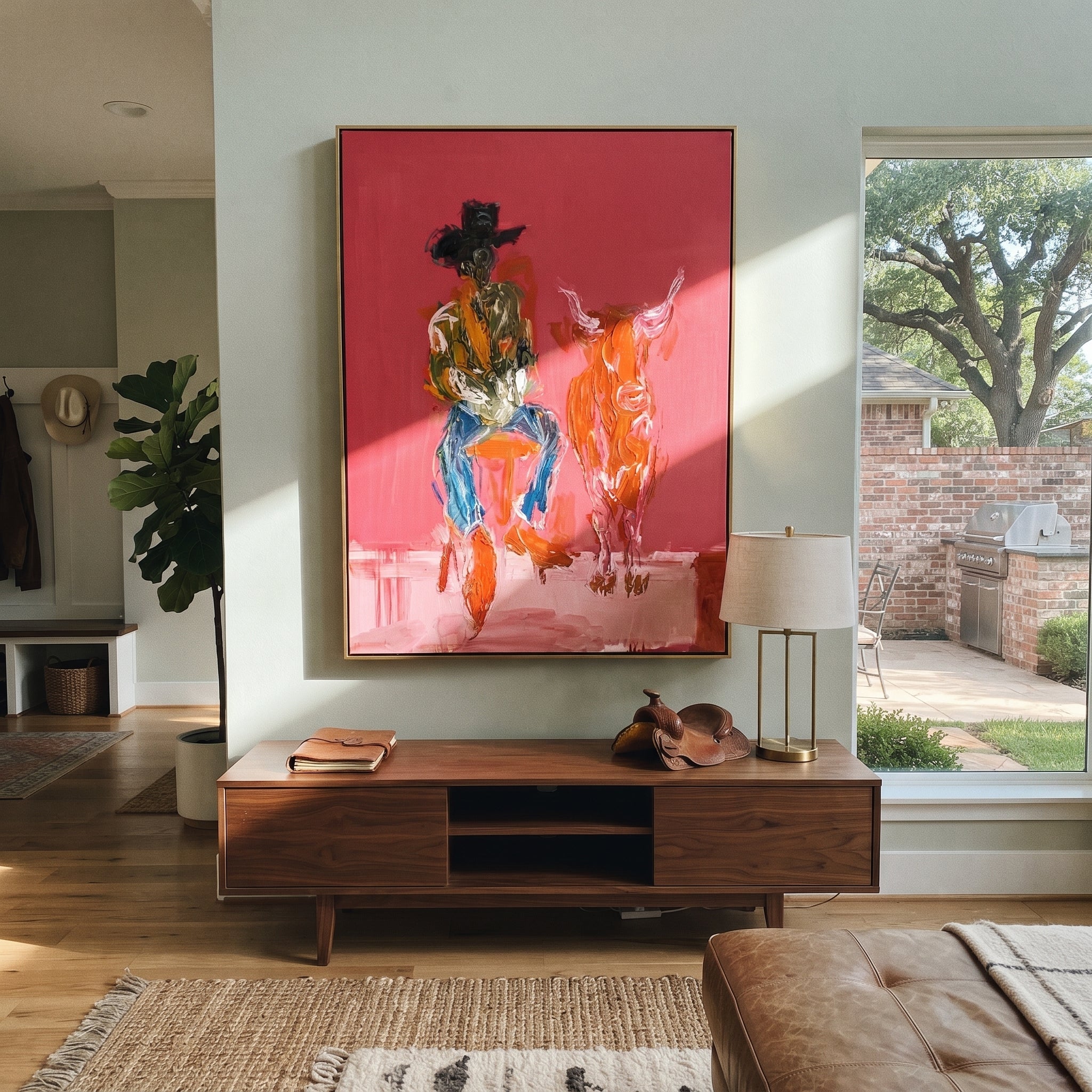 Red Calf Waits Quietly displayed in a collected contemporary interior