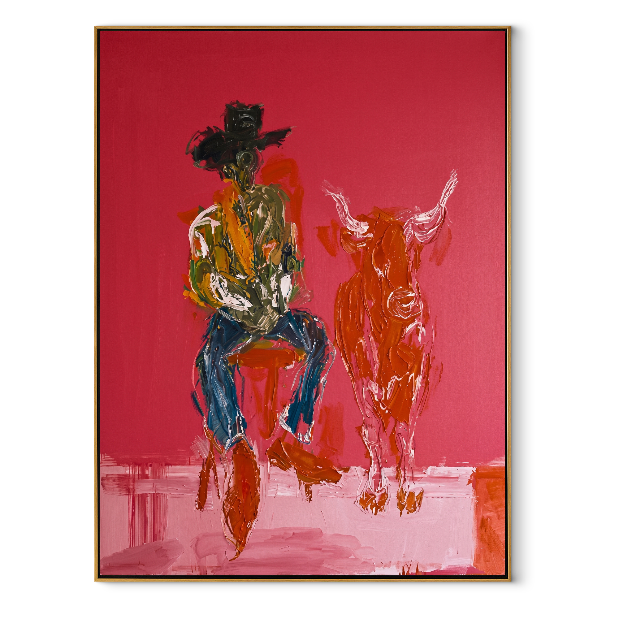Red Calf Waits Quietly Western figurative painting, vertical canvas artwork