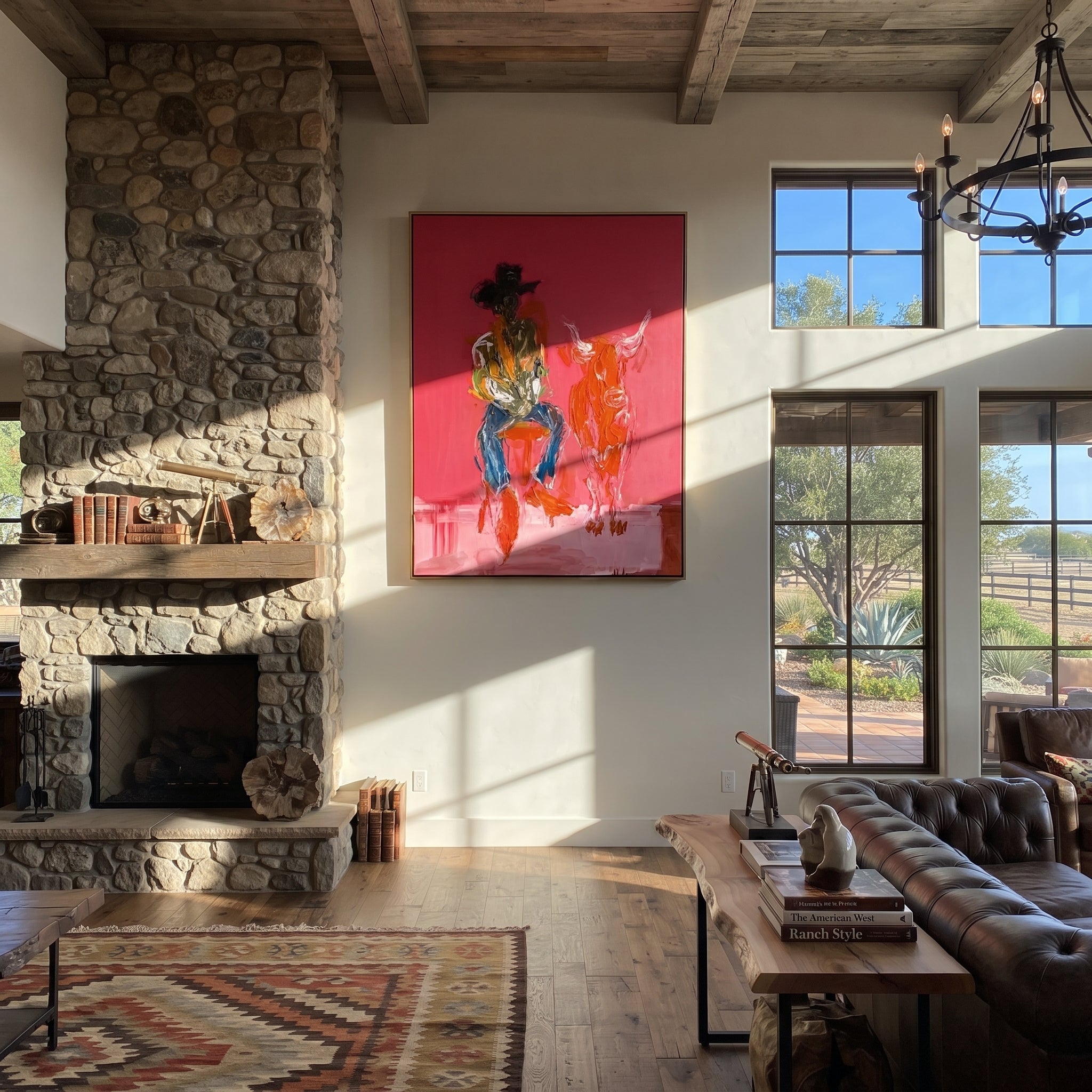 Red Calf Waits Quietly displayed in a layered residential setting