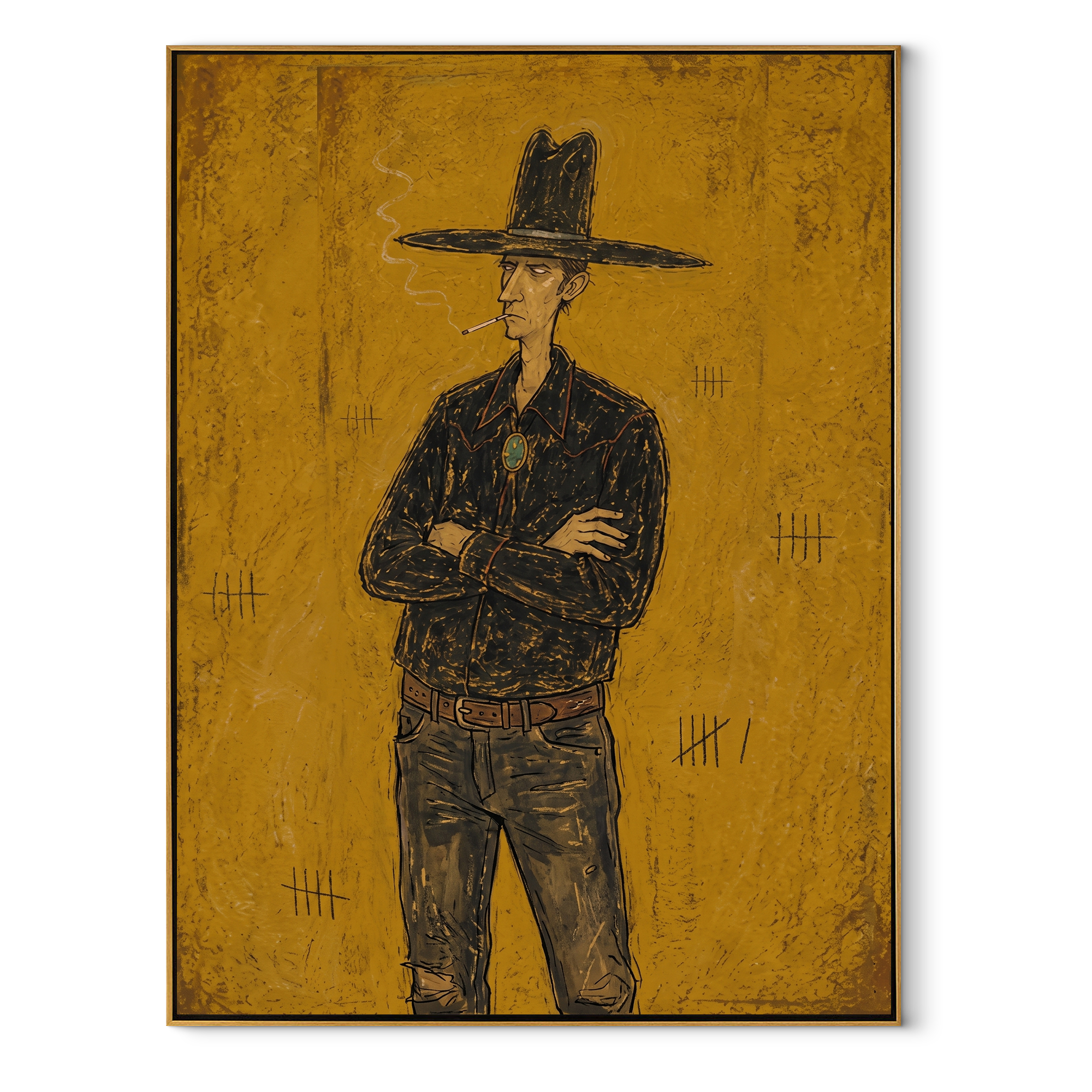 Black Hat Counts Time Western figurative painting, vertical canvas artwork