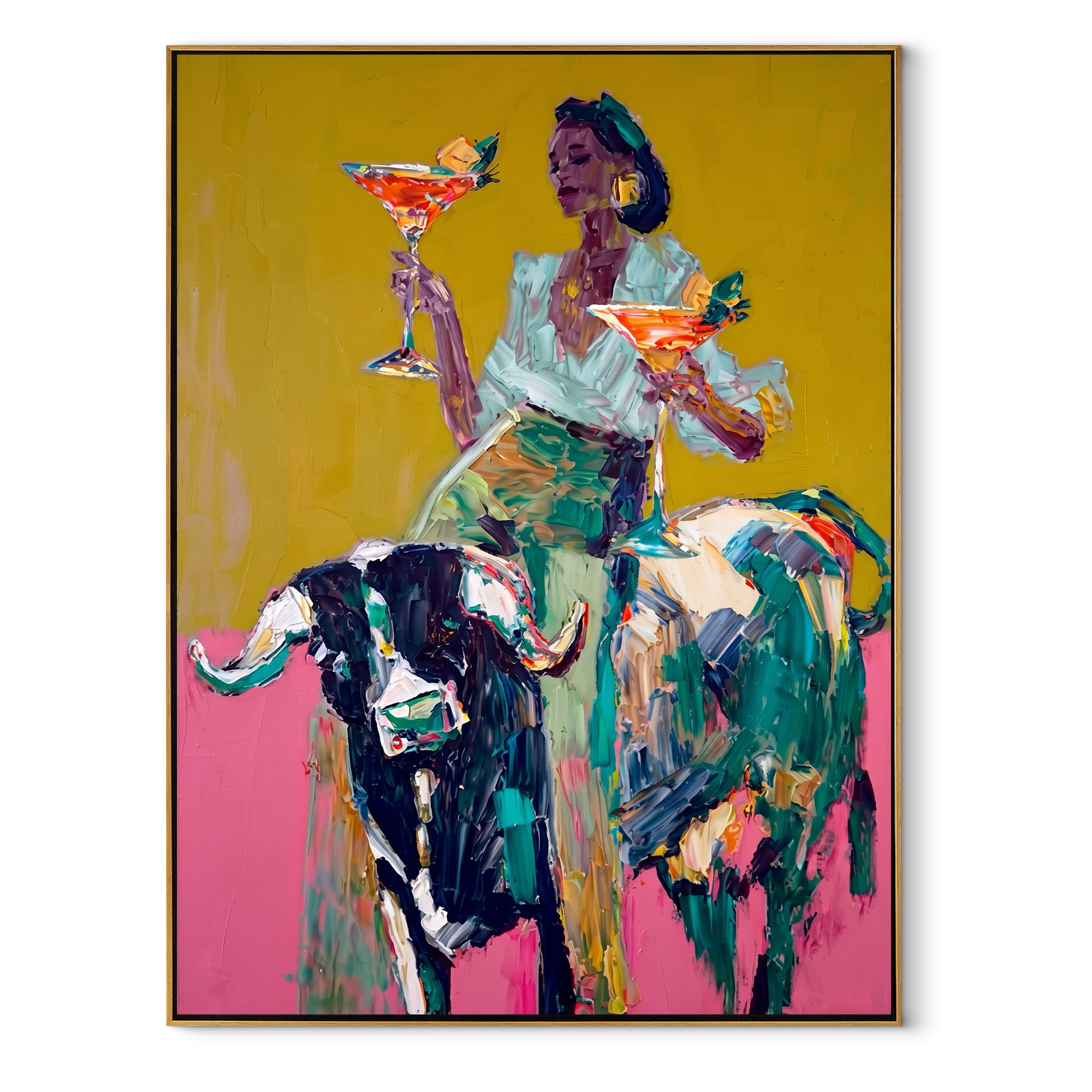 Two Glasses Ride Color Western figurative painting, vertical canvas artwork