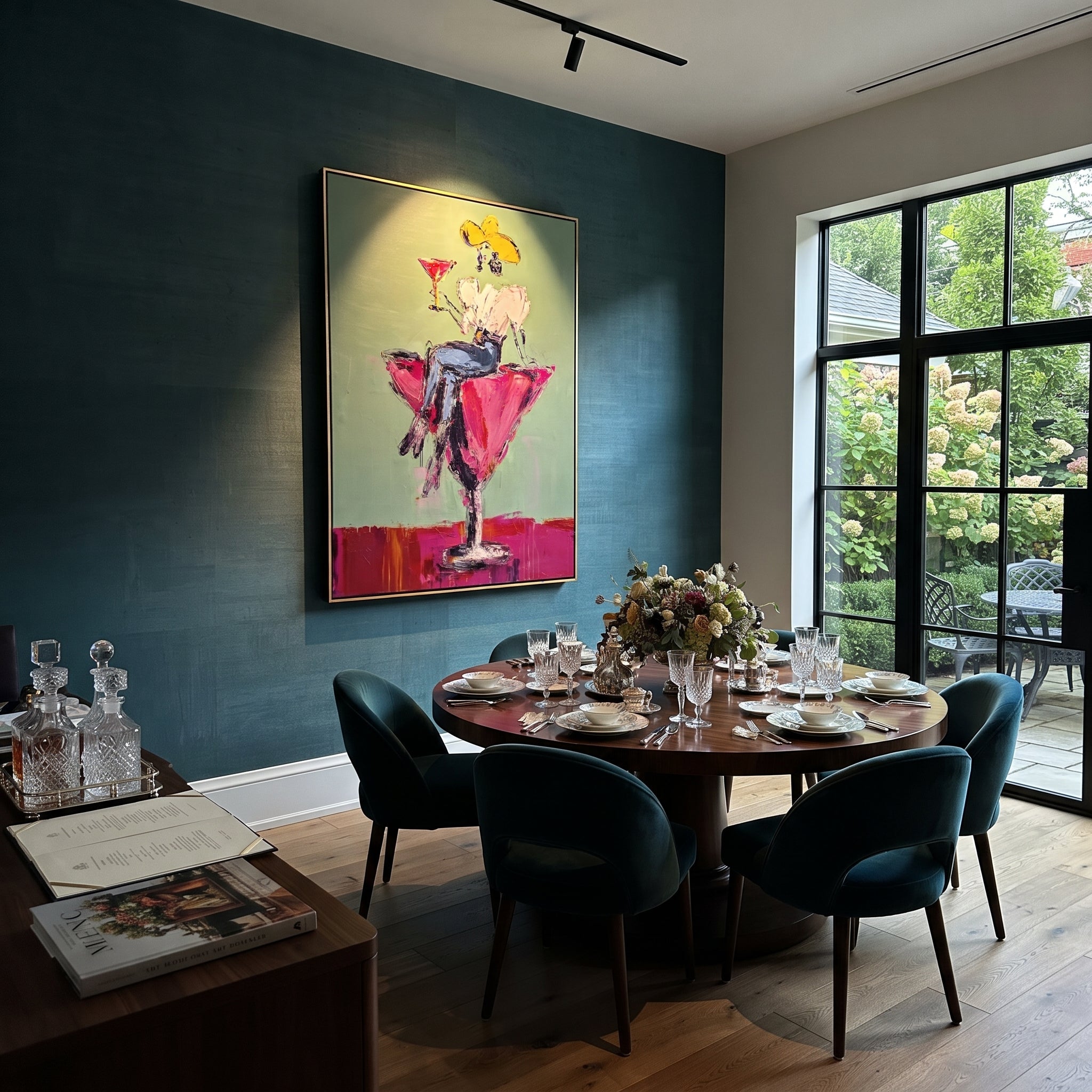 Magenta Glass Holds White styled with warm modern furnishings