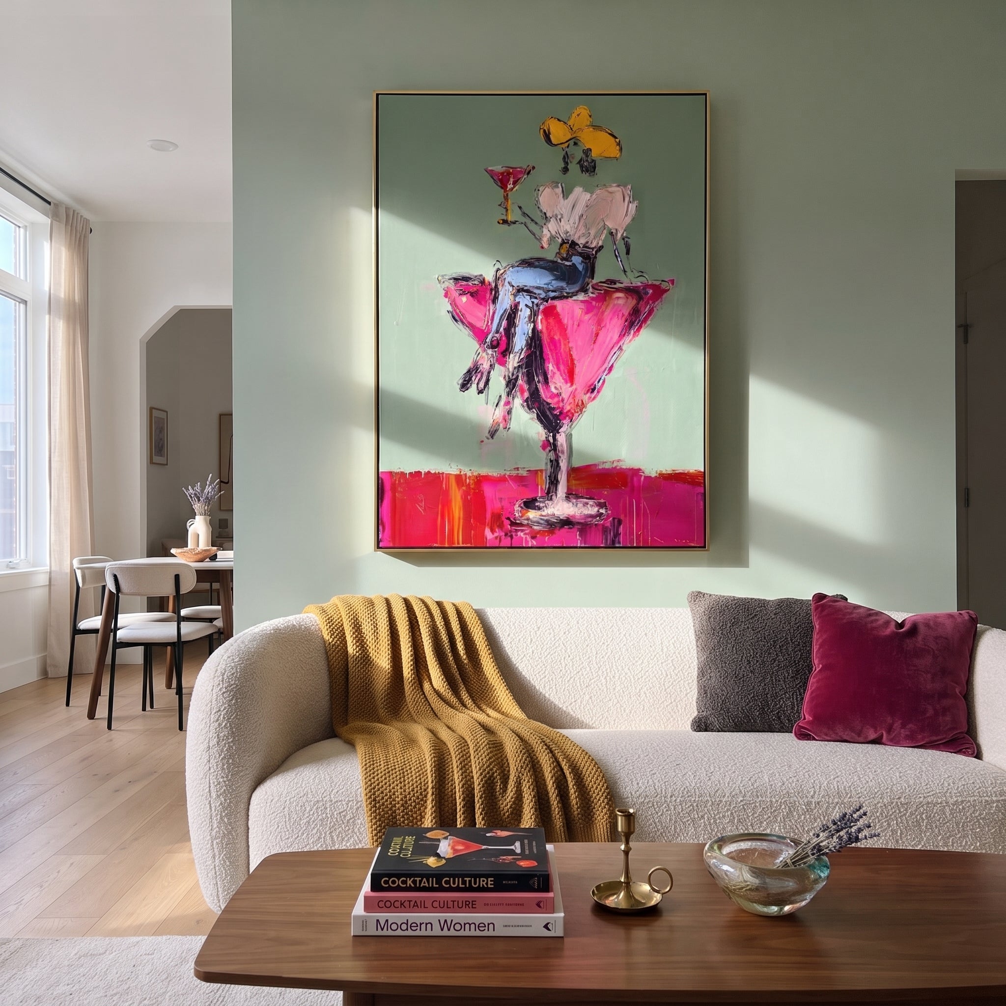 Magenta Glass Holds White styled with wood, linen, and modern decor