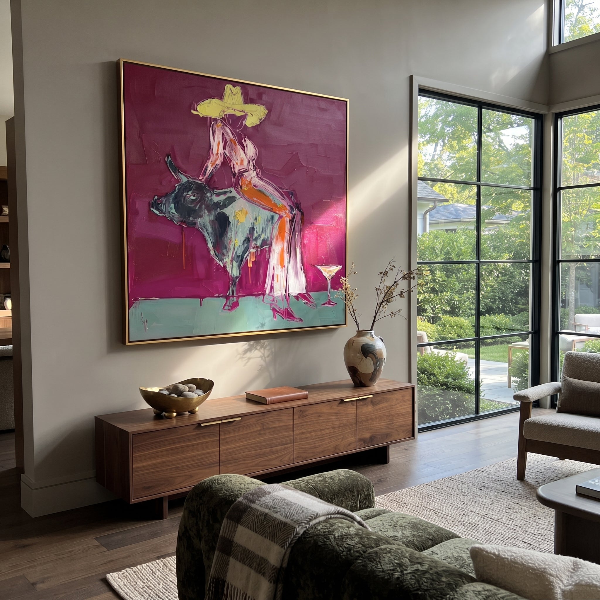 Silver Bull Holds Stillness displayed in a collected contemporary interior