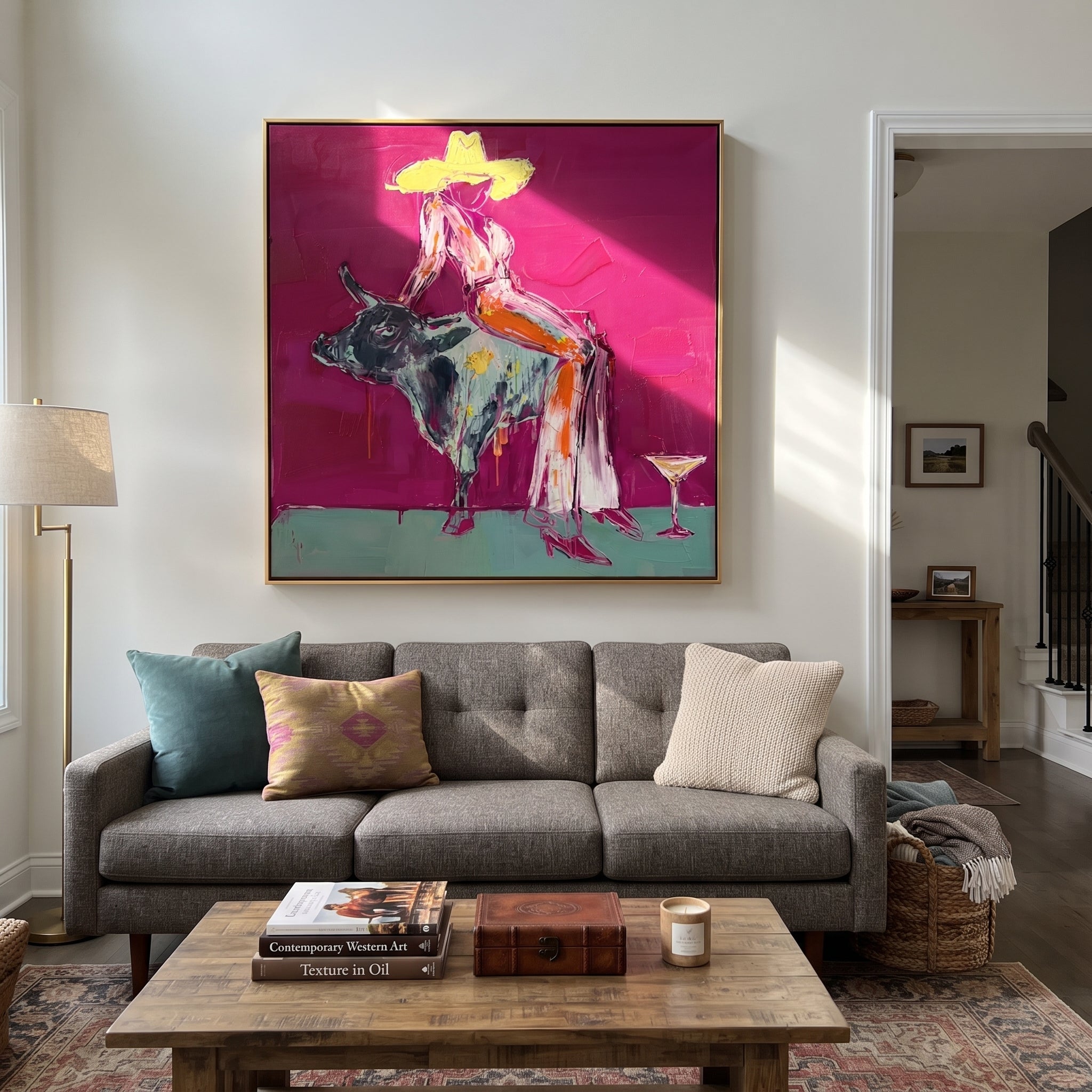 Silver Bull Holds Stillness presented as a colorful interior focal point