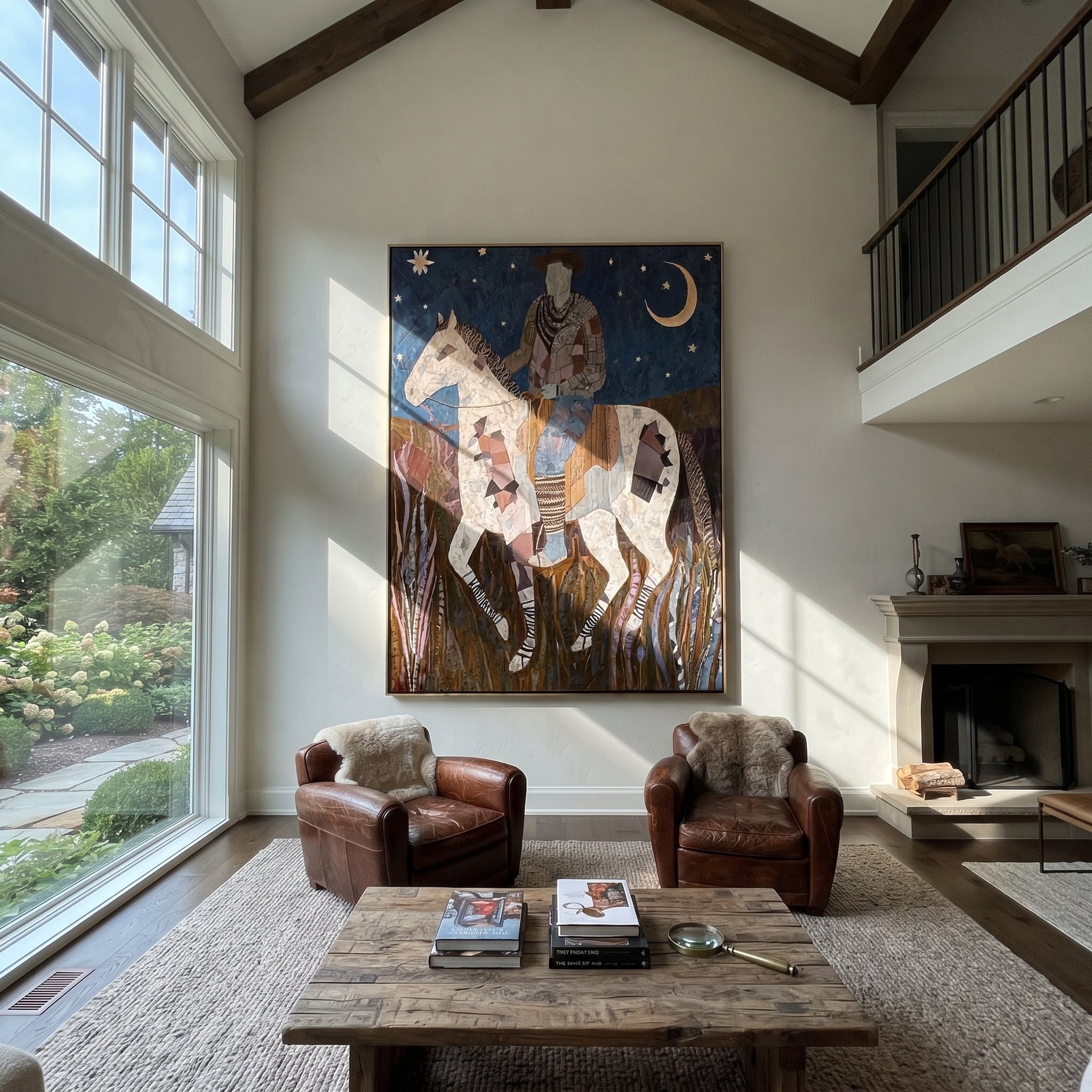 Patchwork Horse Follows Moon presented as a colorful interior focal point