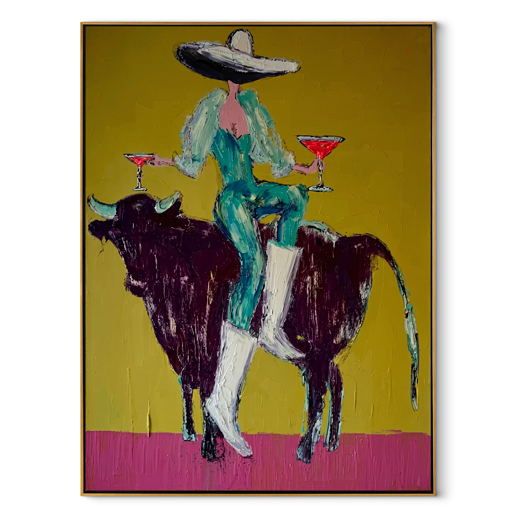 Twin Glasses Balance Night Western figurative painting, vertical canvas artwork