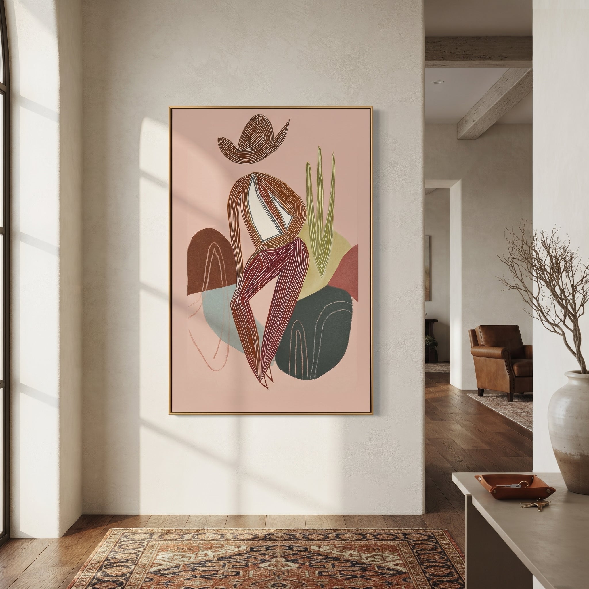 Striped Figure Holds Thought presented as a colorful interior focal point