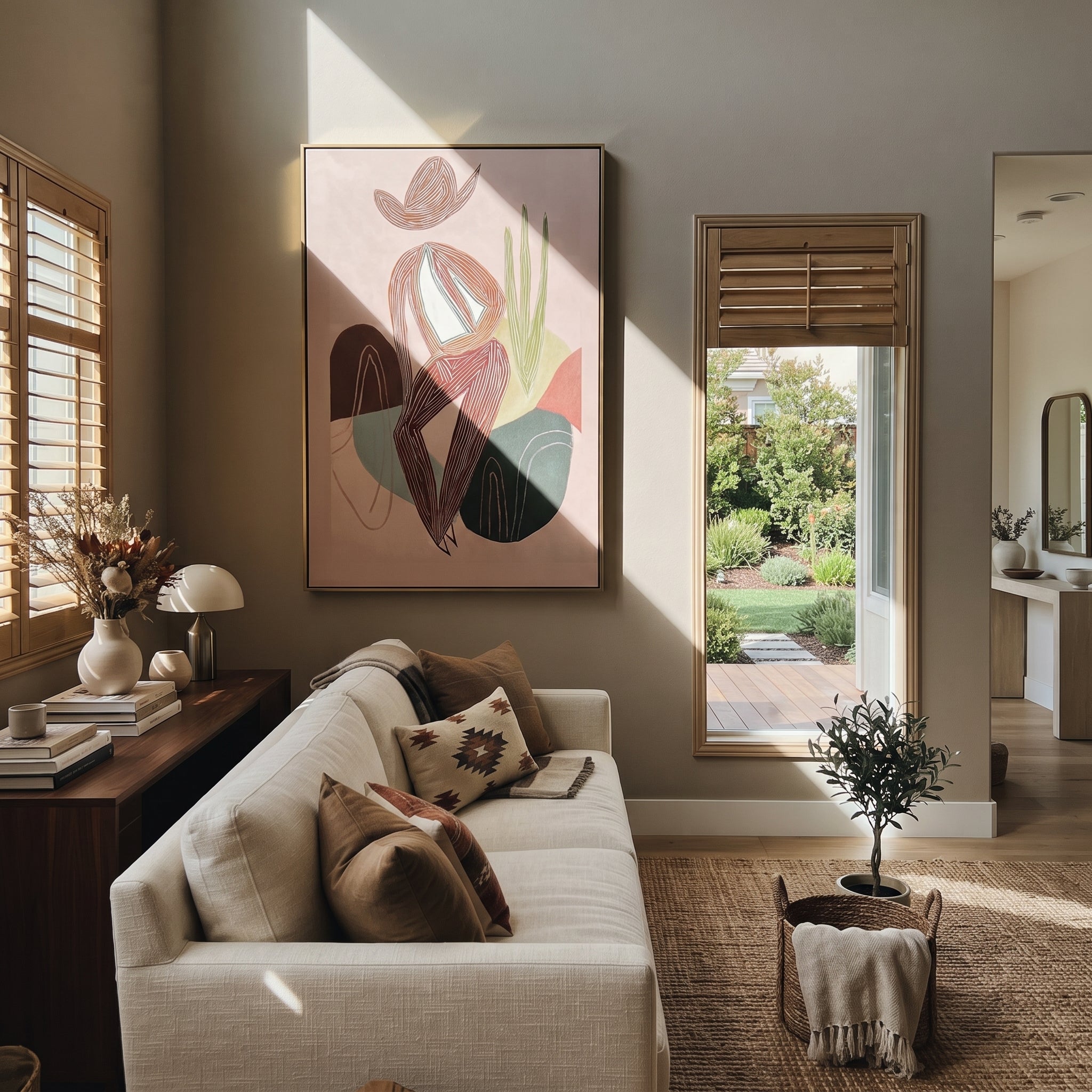 Striped Figure Holds Thought displayed in a layered residential setting