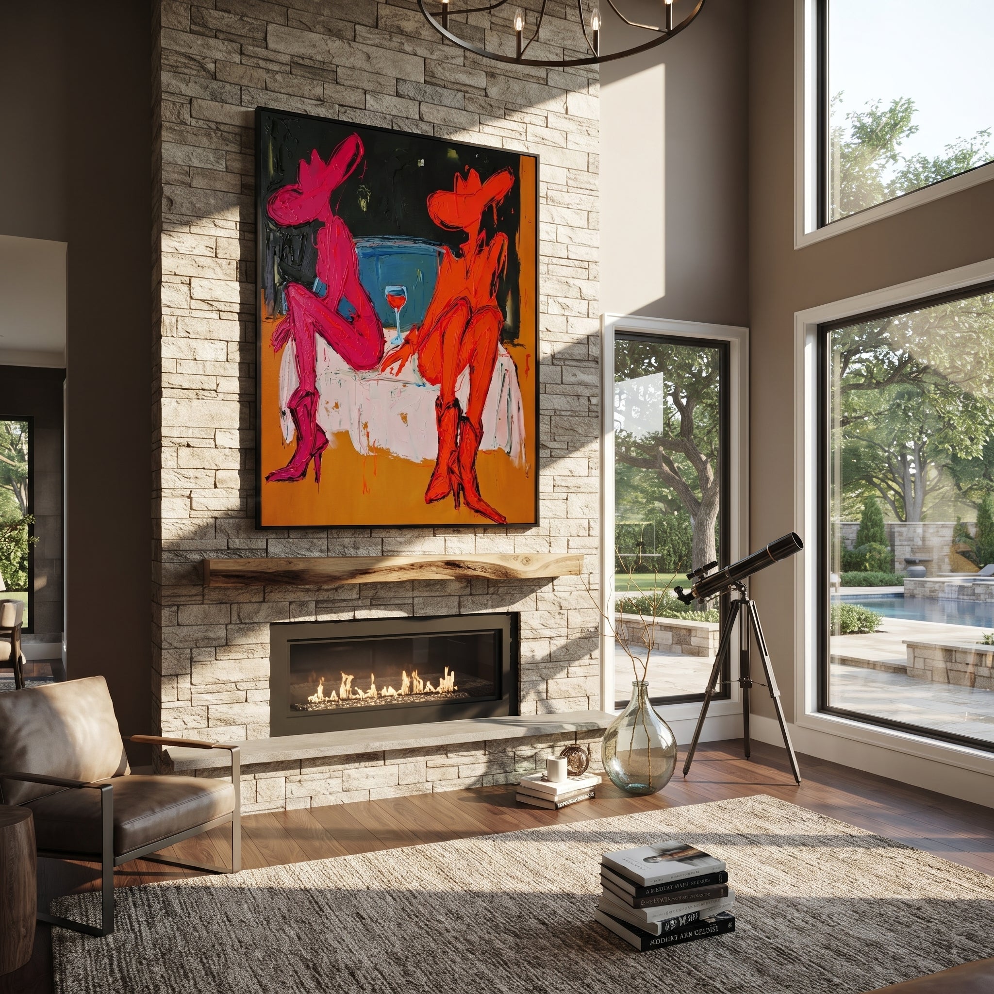 Two Cowgirls Trade Stories displayed in a layered residential setting