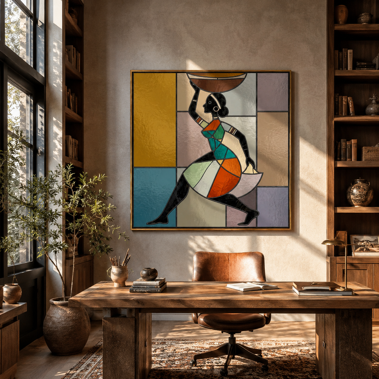 Painted Geometry Walks Forward styled with wood, linen, and modern decor