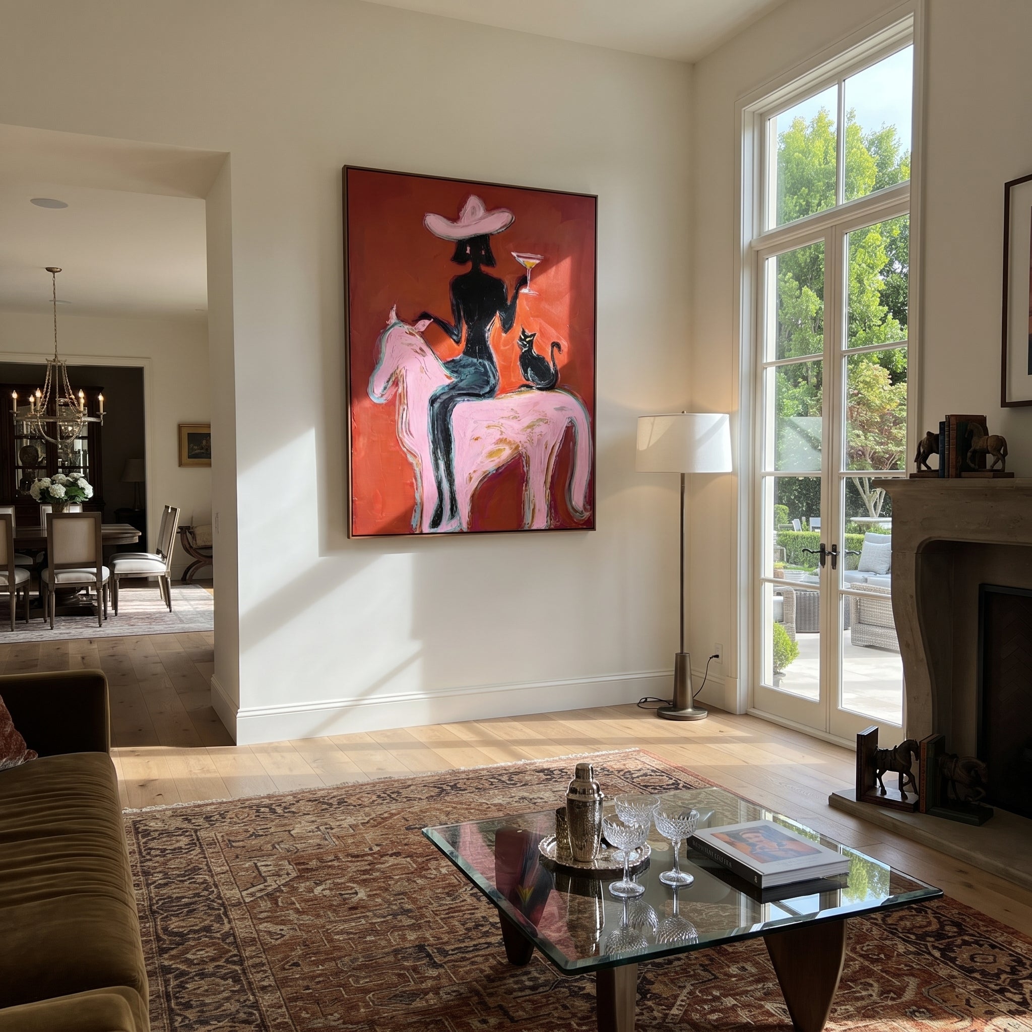 Black Cat Follows Pink displayed in a layered residential setting