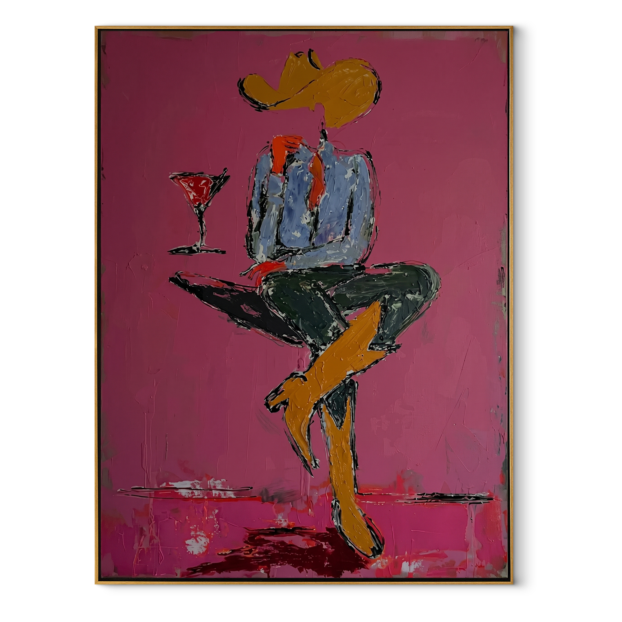 Crossed Legs Hold Evening Western figurative painting, vertical canvas artwork