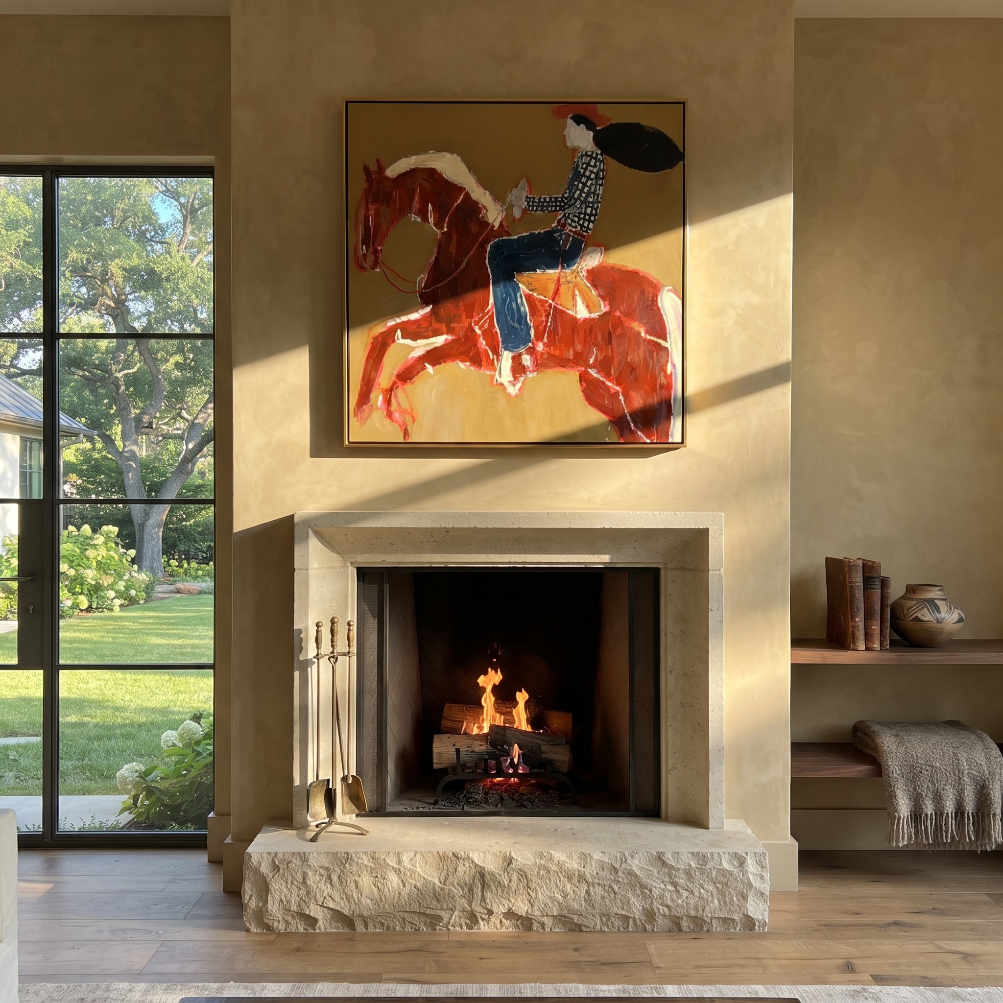Twin Red Horses Leap styled with wood, linen, and modern decor