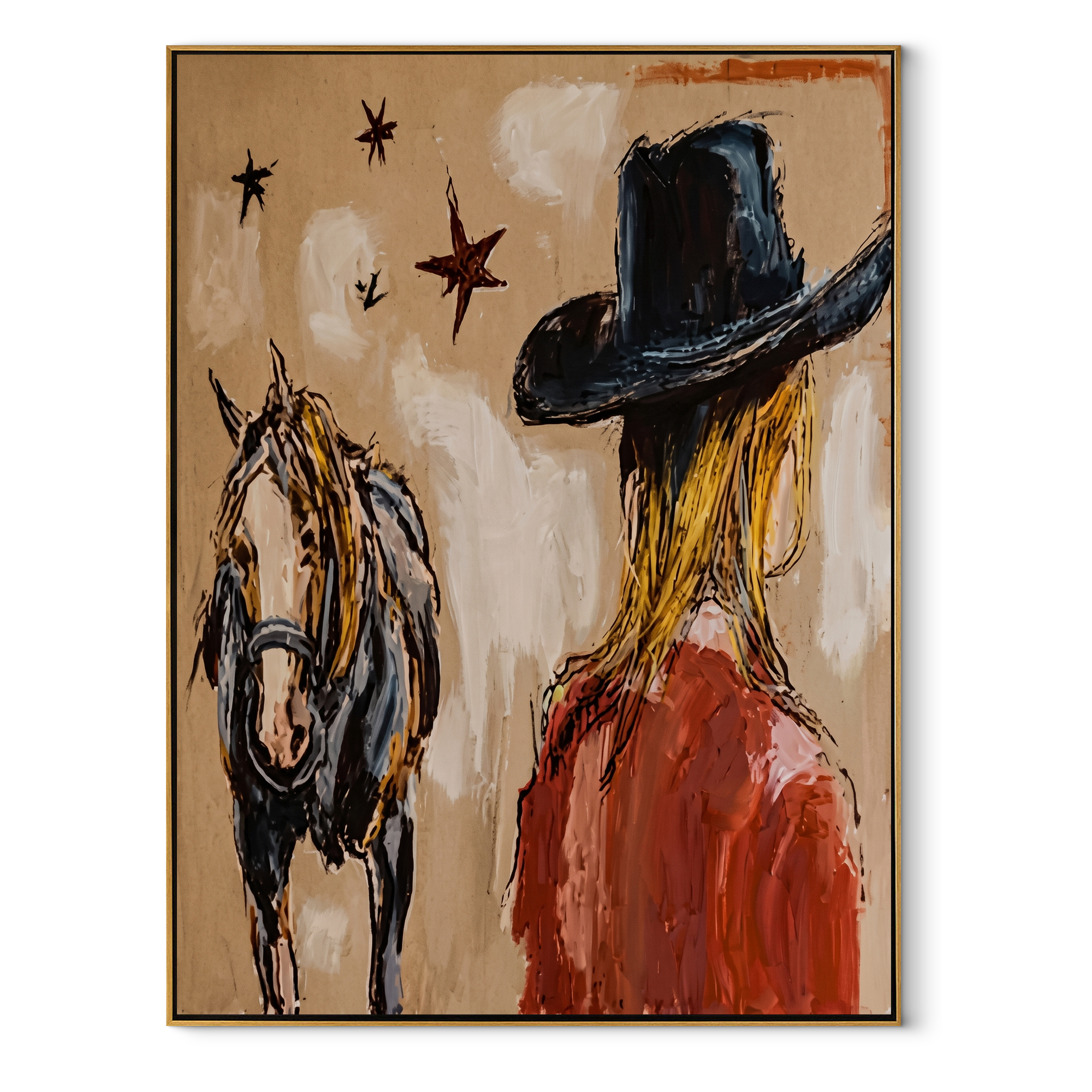 Black Brim Shelters Trust Western figurative painting, vertical canvas artwork