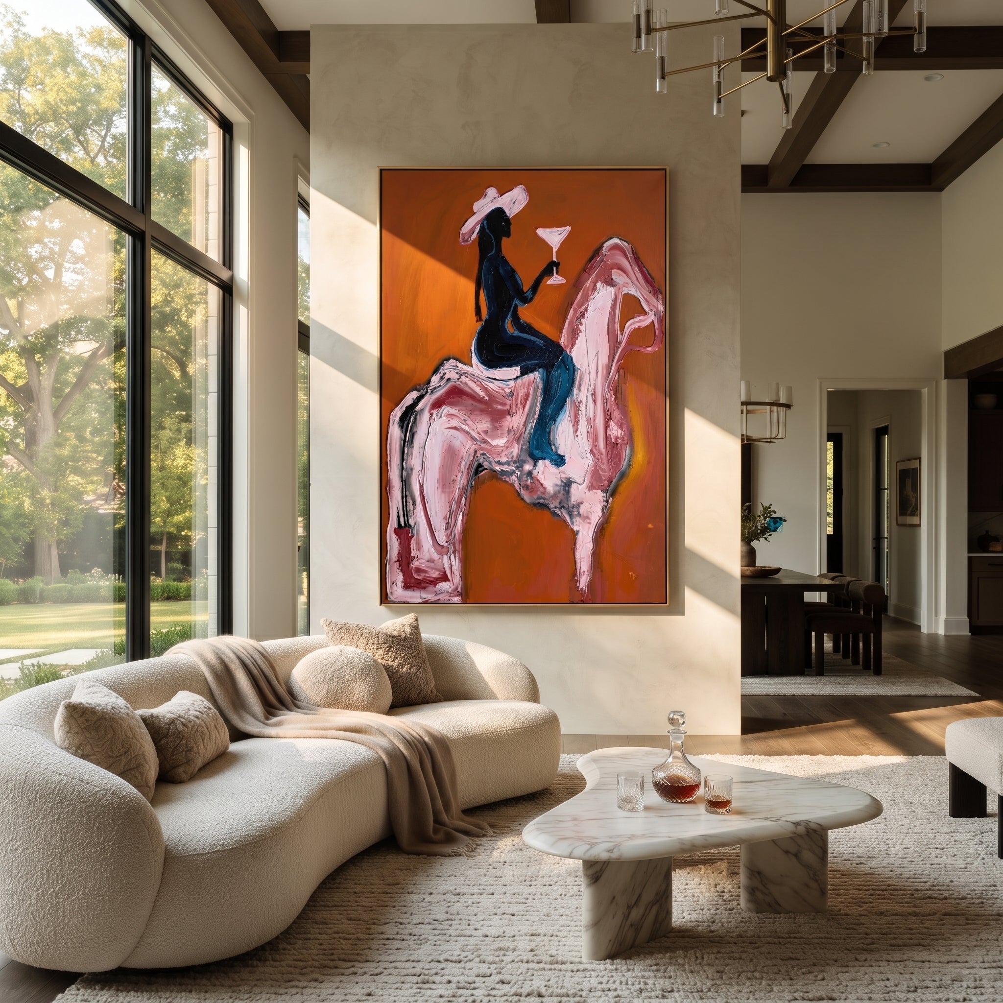 Pink Horse Carries Toast displayed in a collected contemporary interior