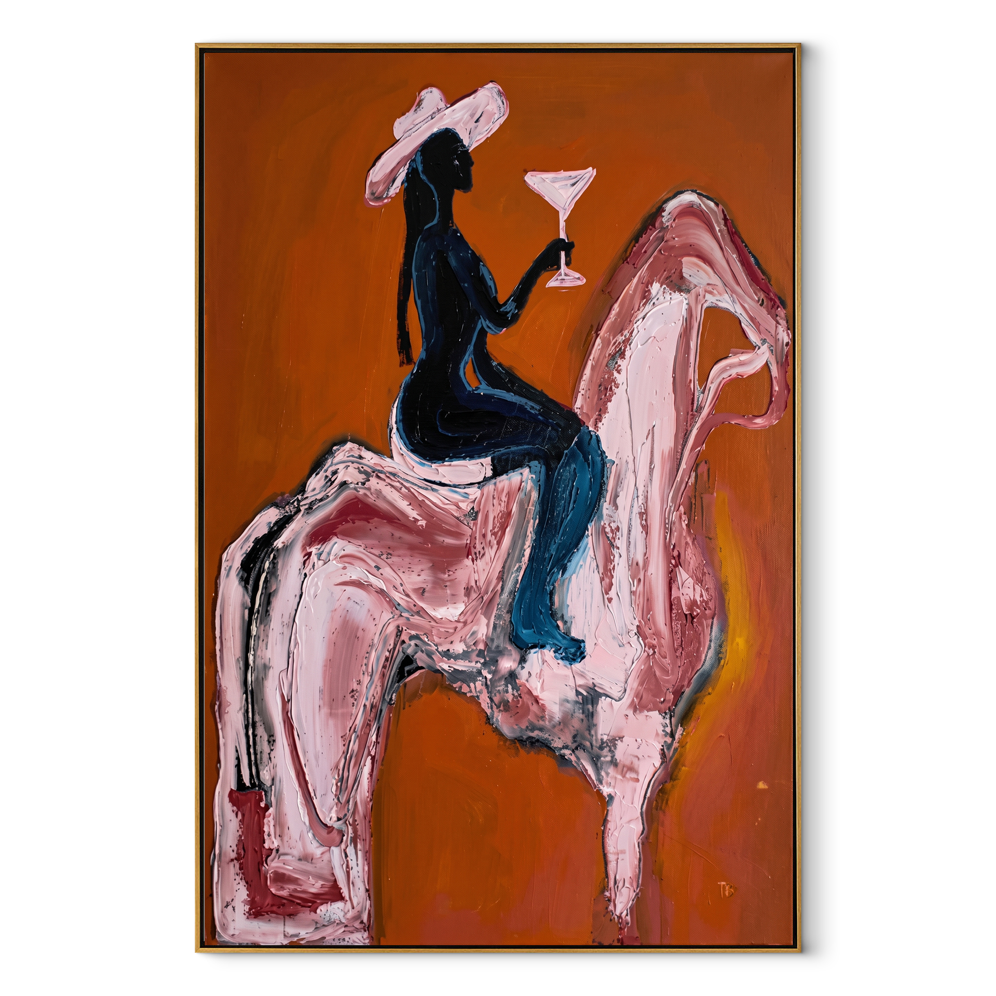 Pink Horse Carries Toast Western figurative painting, vertical canvas artwork