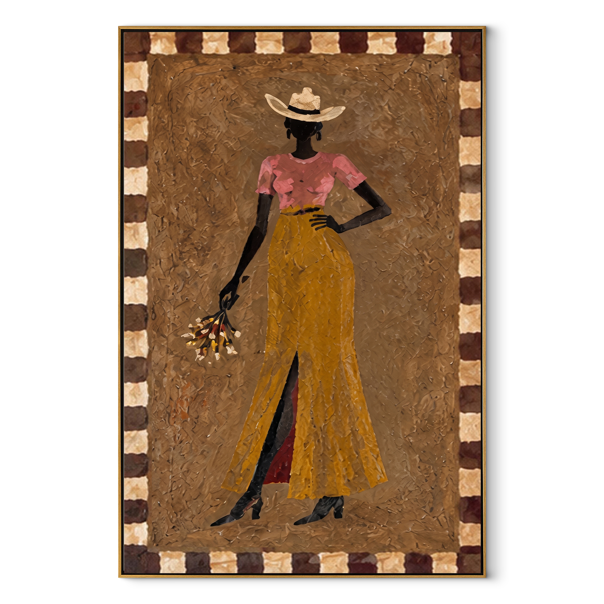 Golden Trousers Carry Flowers Western figurative painting, vertical canvas artwork