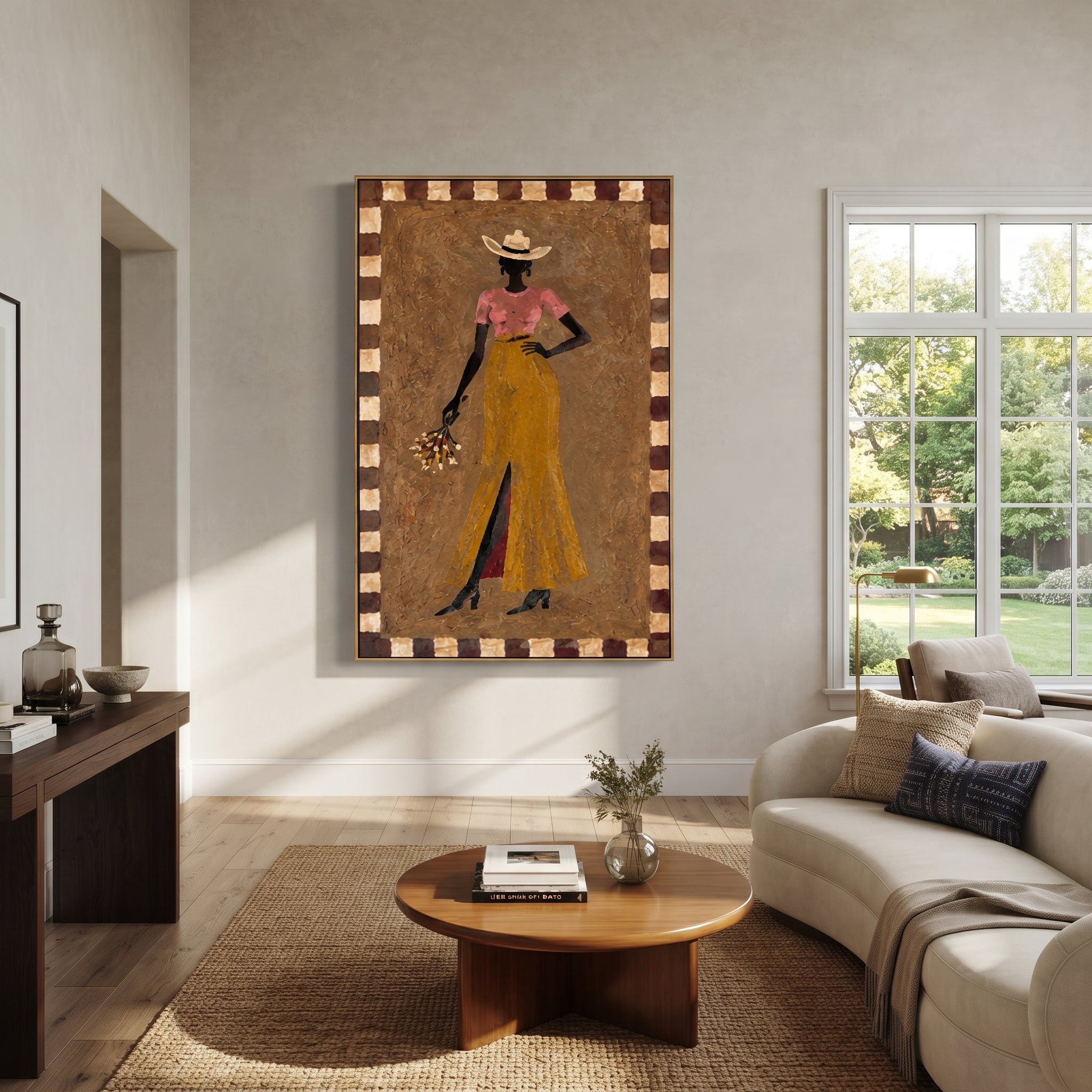 Golden Trousers Carry Flowers styled with warm modern furnishings