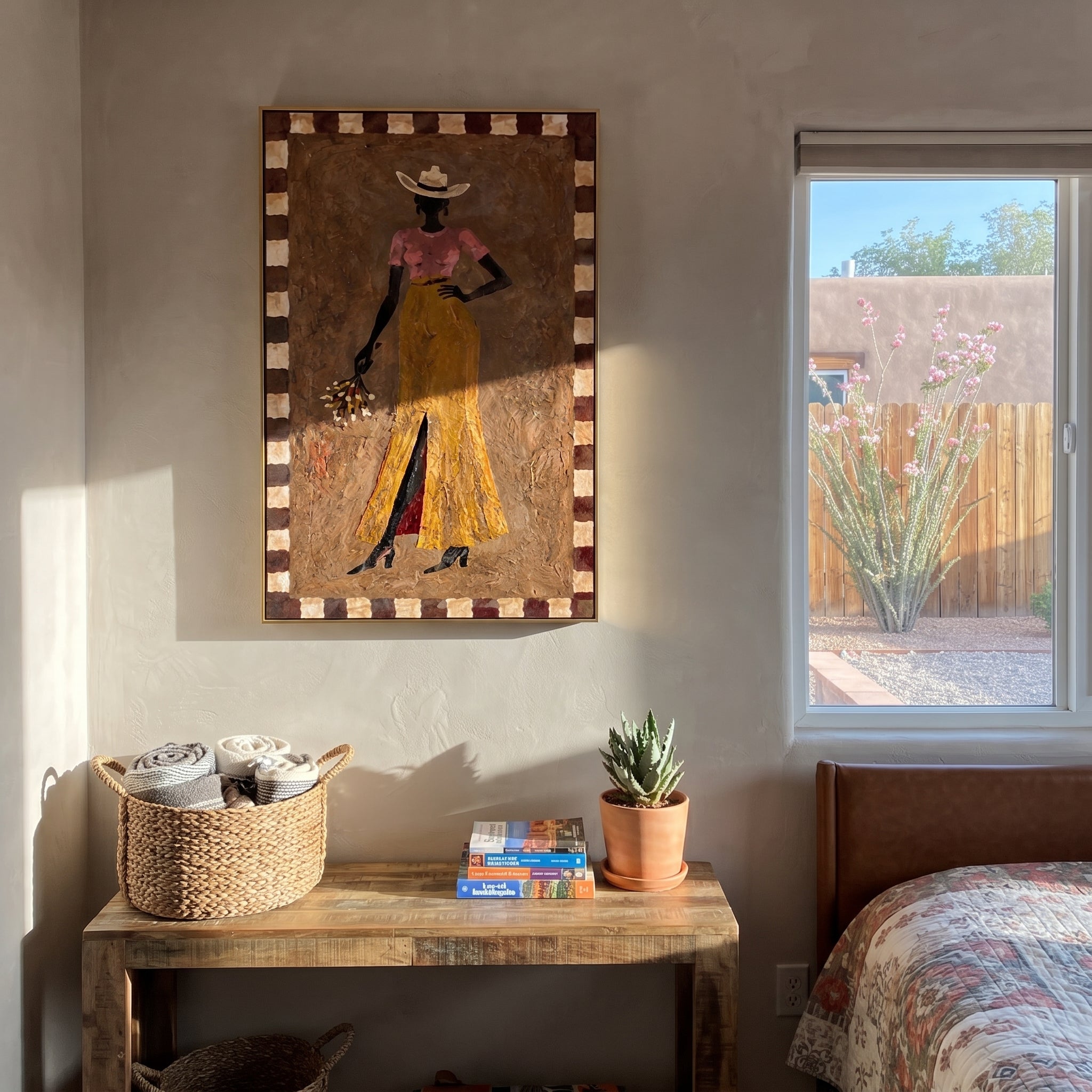 Golden Trousers Carry Flowers presented as a colorful interior focal point
