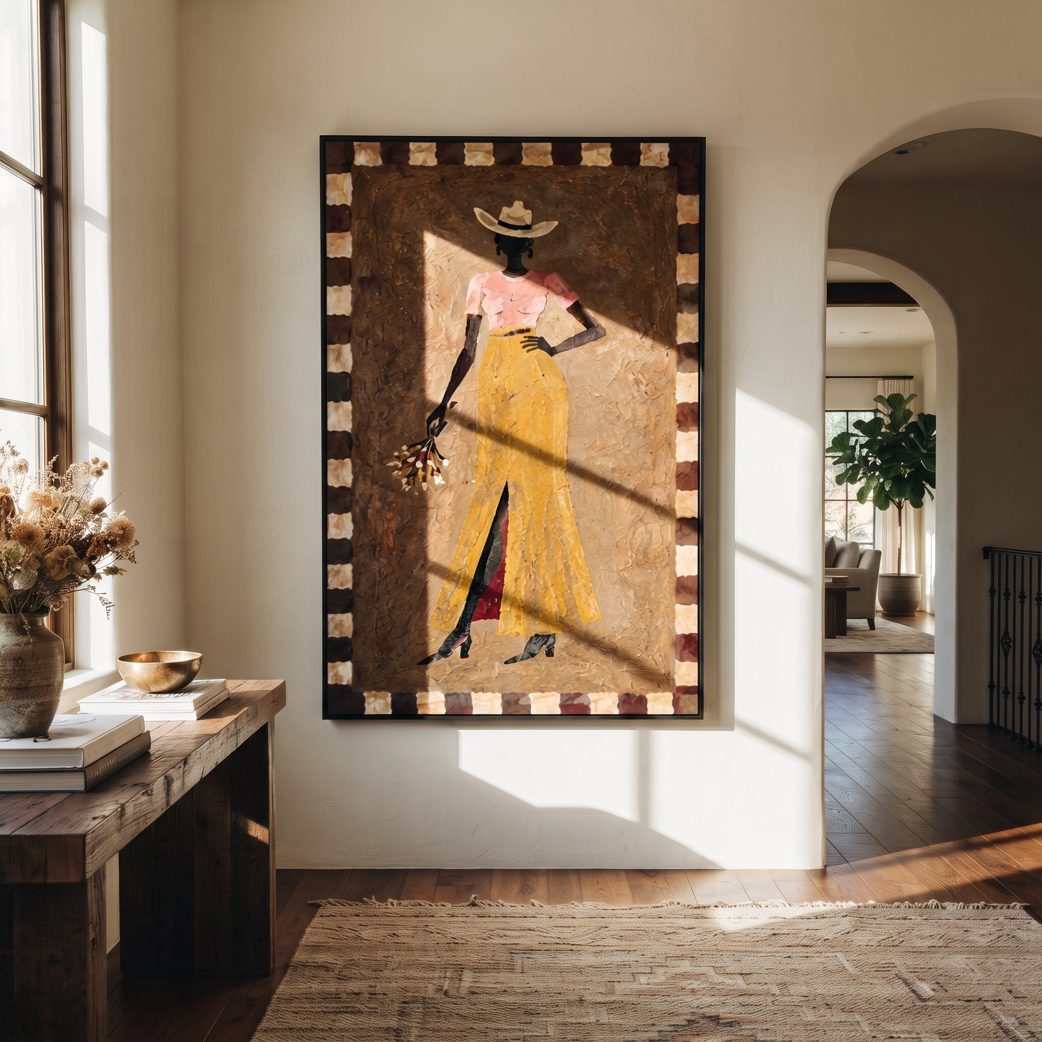 Golden Trousers Carry Flowers displayed in a layered residential setting