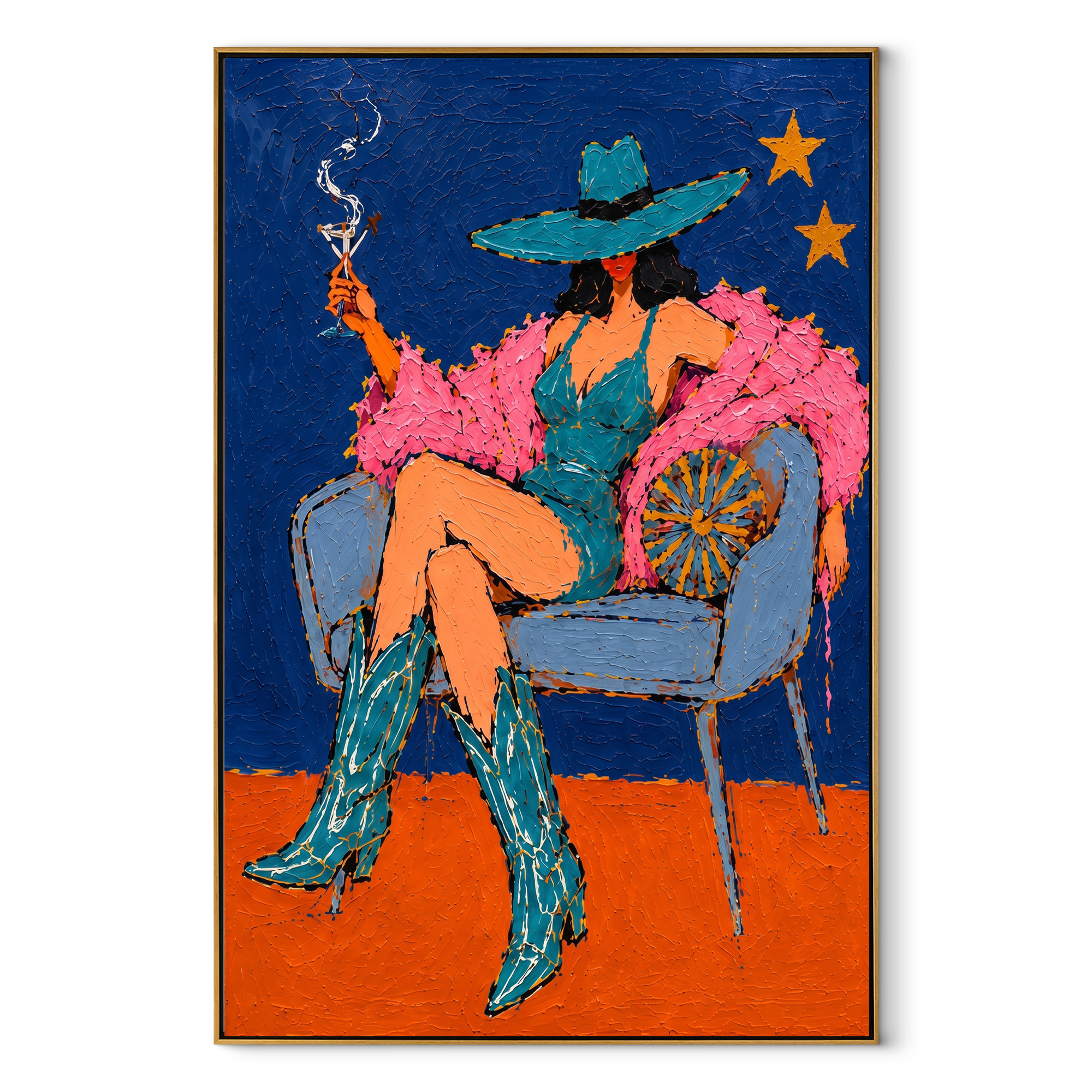 Smoke Curls Above Feathers Western figurative painting, vertical canvas artwork