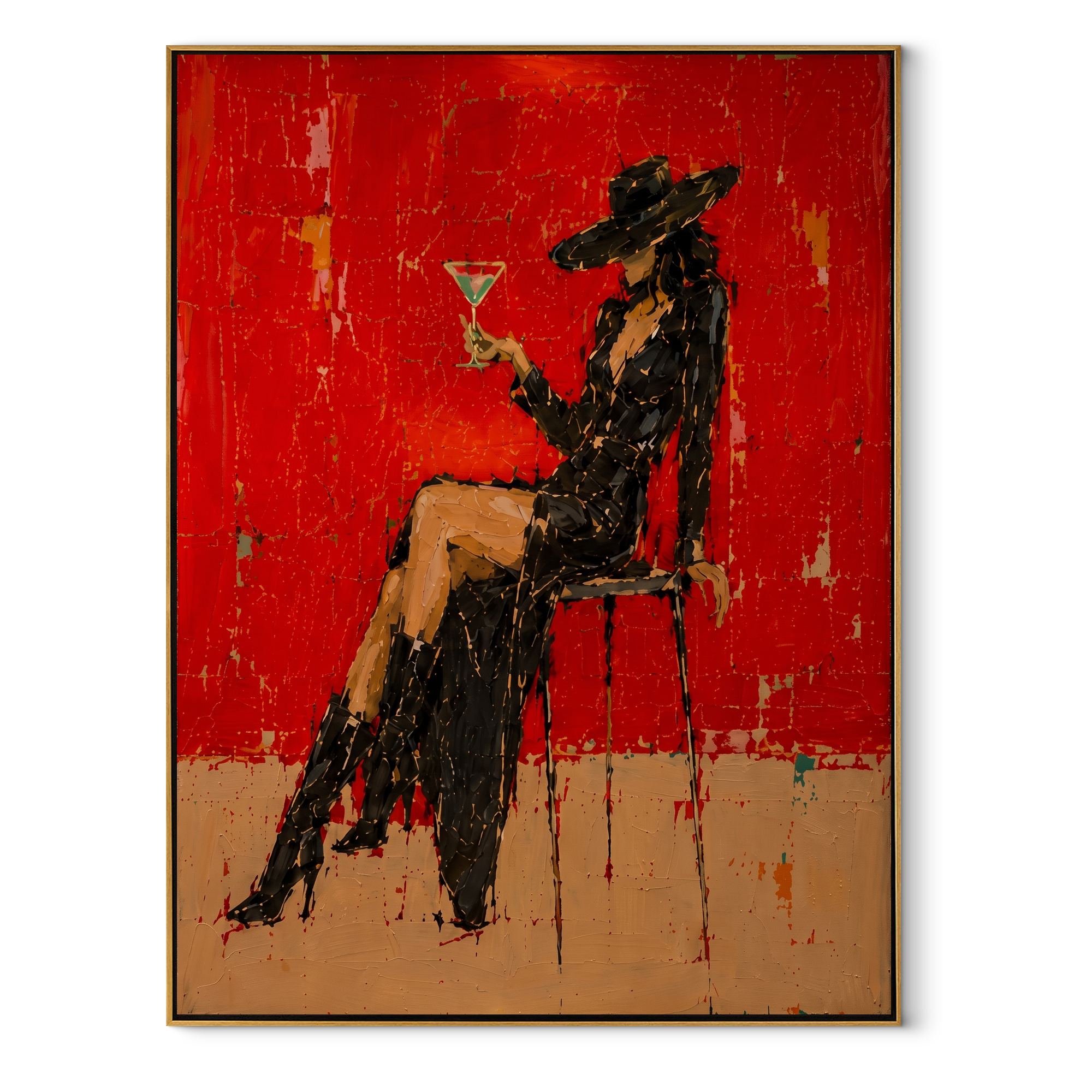 Black Lace Raises Glass Western figurative painting, vertical canvas artwork