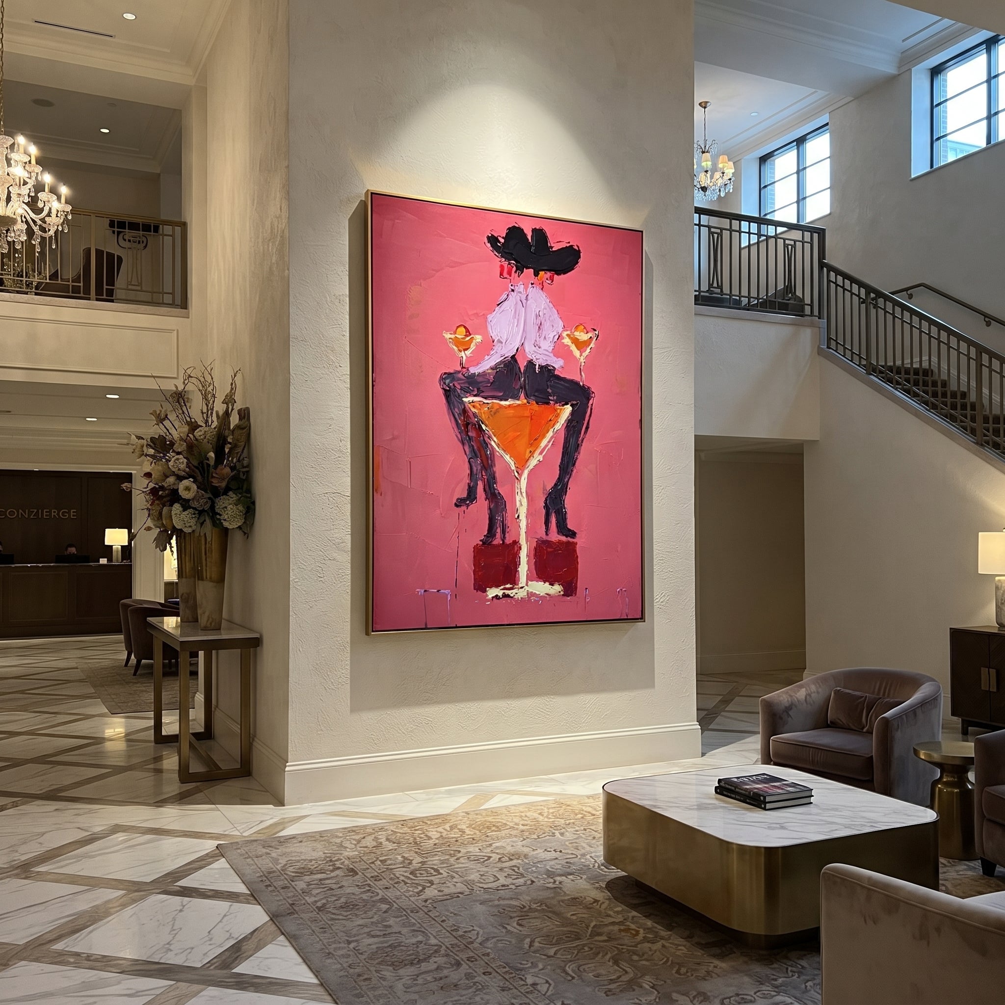 Two Hats Share Glass presented as a colorful interior focal point