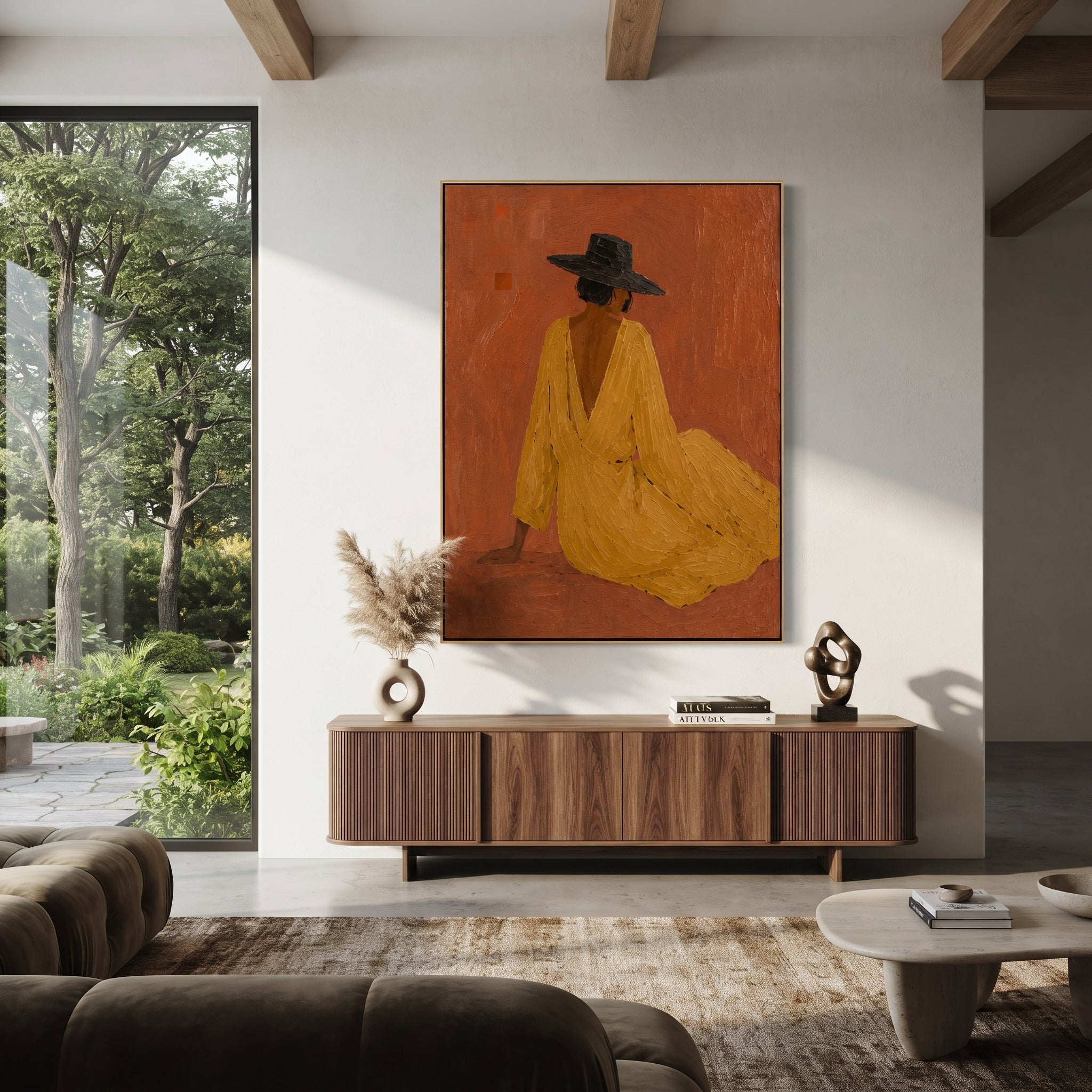 Mustard Dress Rests Low displayed in a collected contemporary interior
