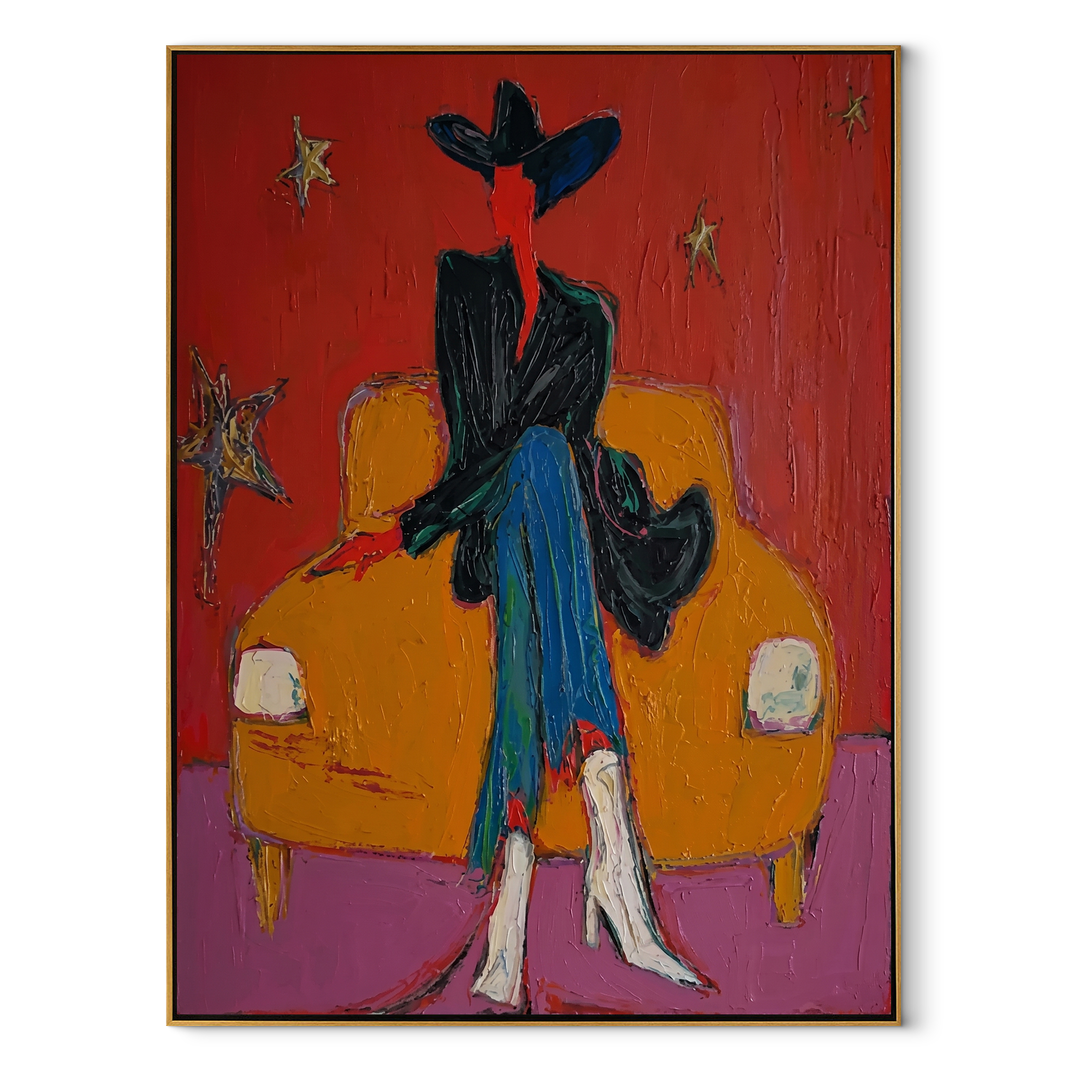 Orange Chair Keeps Night Western figurative painting, vertical canvas artwork