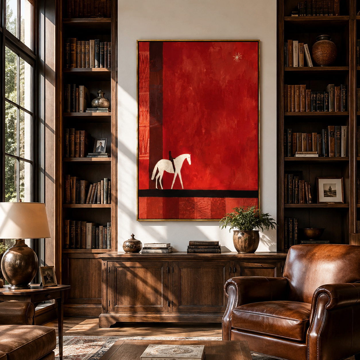 Two Pale Horses Wait displayed in a layered residential setting