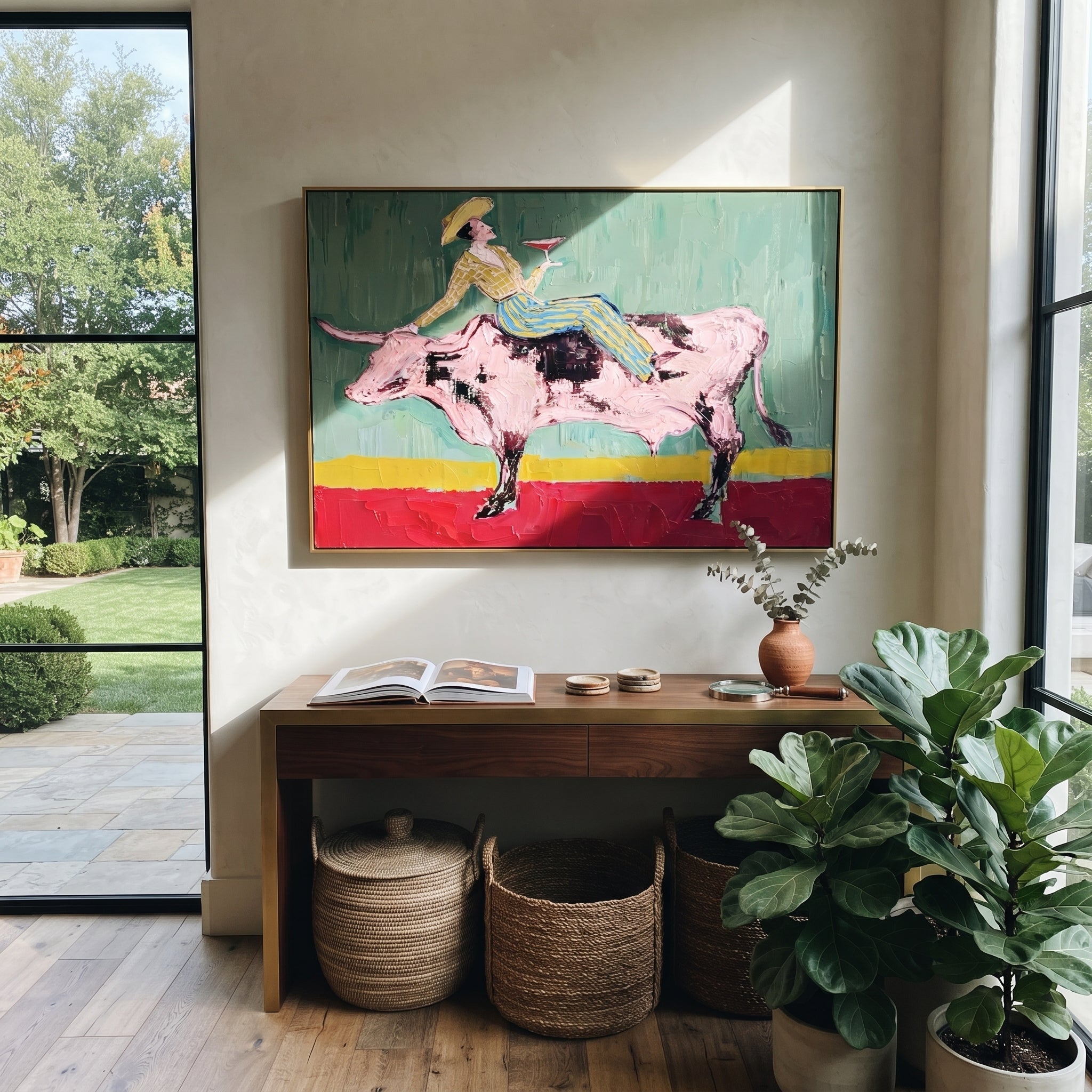 Pink Bull Crosses Teal styled with warm modern furnishings