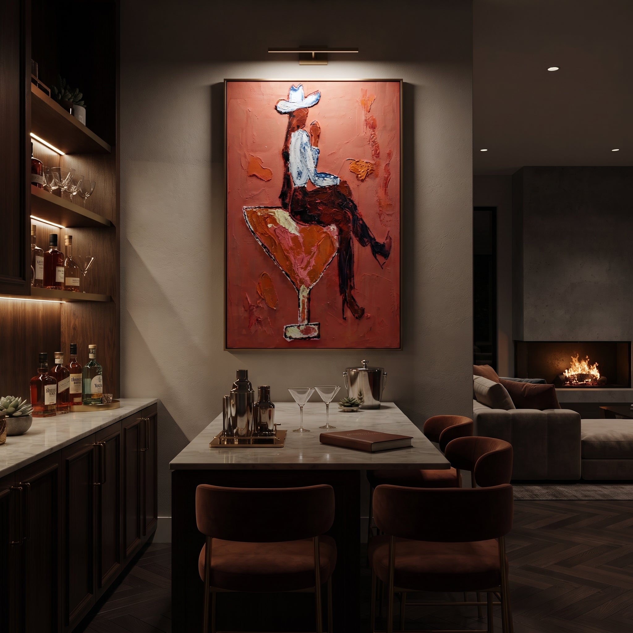 Crimson Glass Carries Rider styled with wood, linen, and modern decor