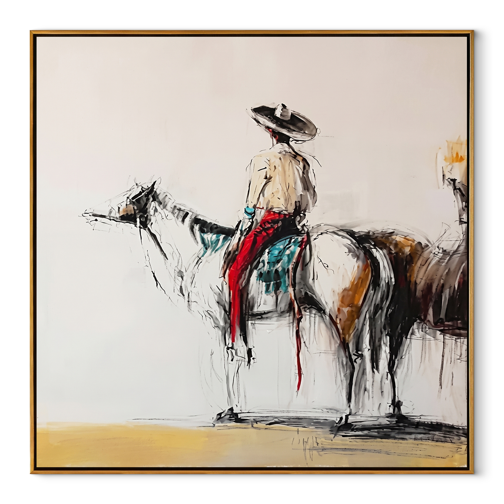 Ink Horse Holds Patience Western figurative painting, square canvas artwork