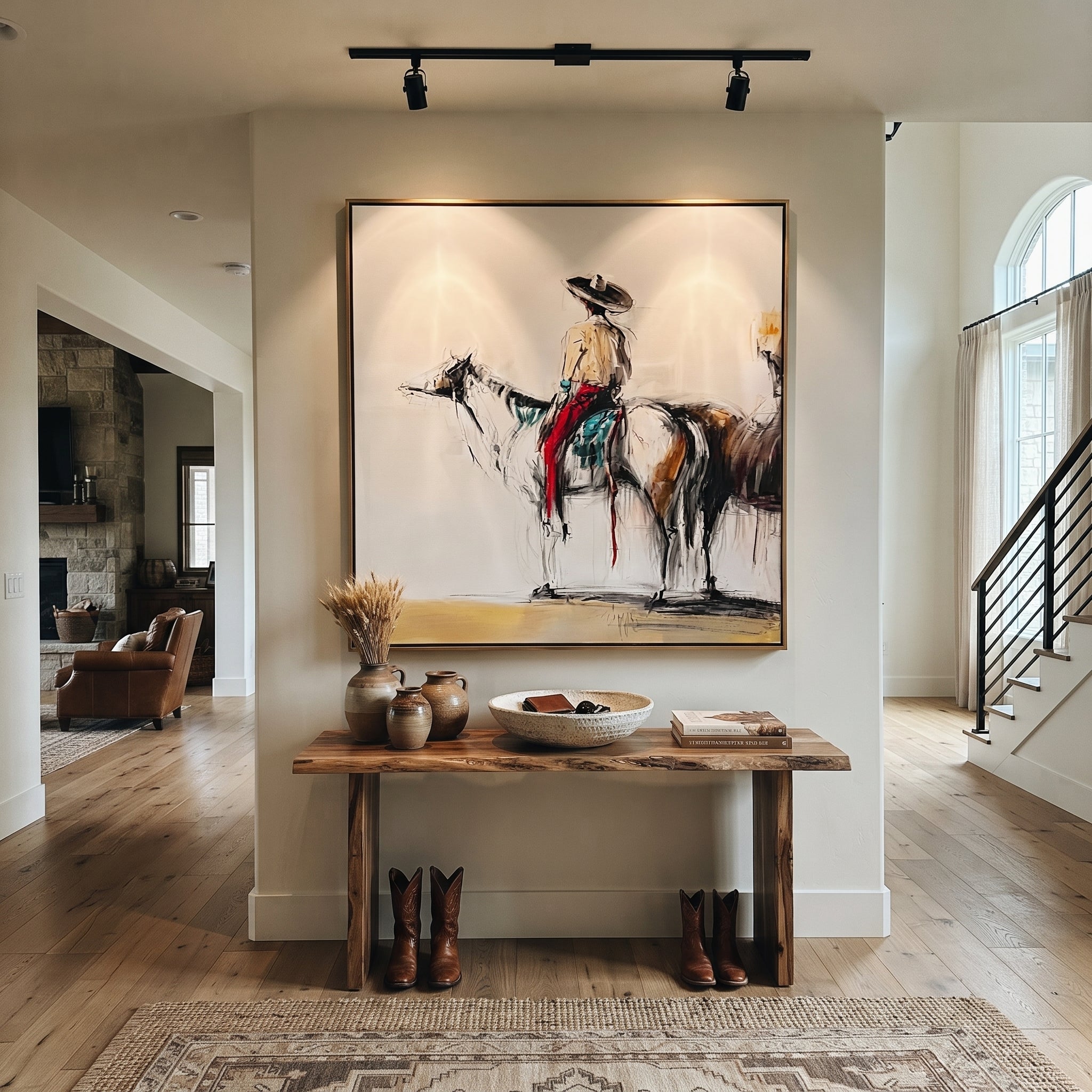 Ink Horse Holds Patience displayed in a layered residential setting