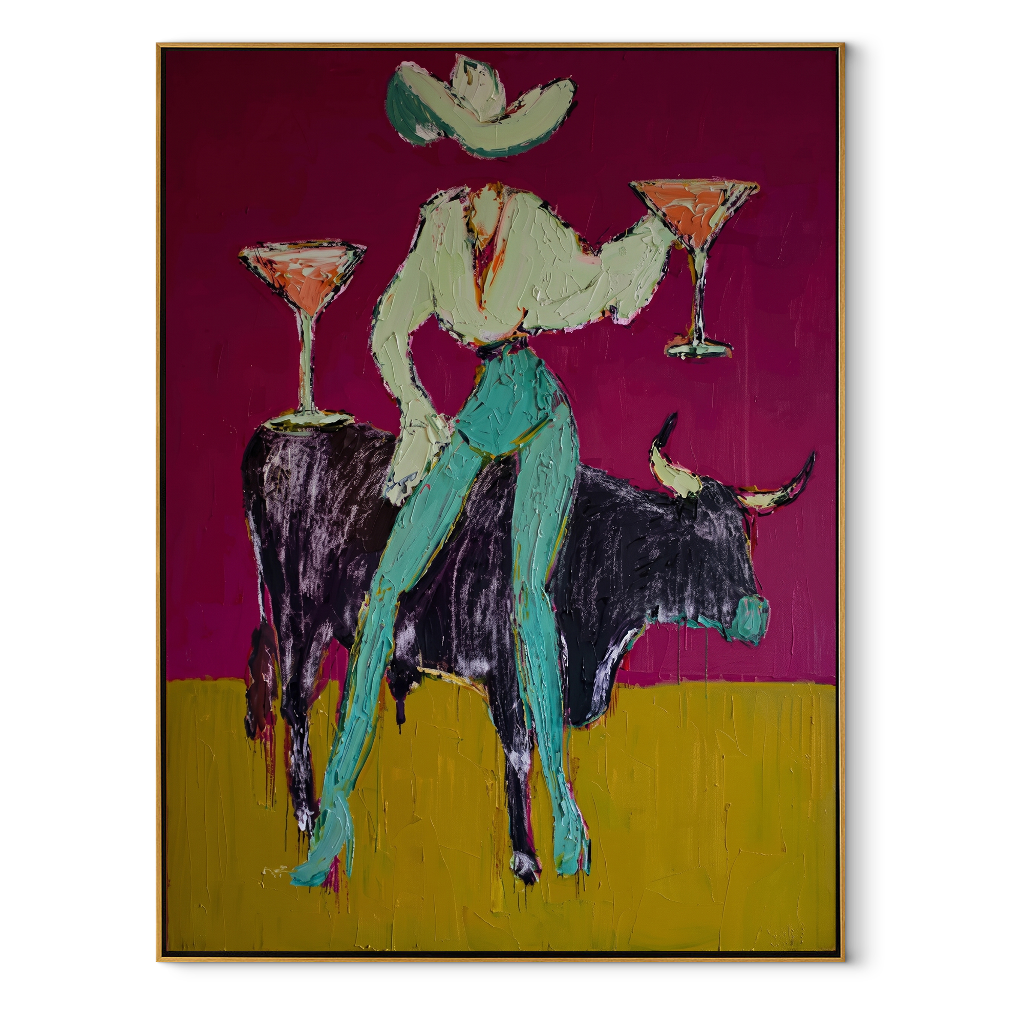 Two Cocktails Crown Bull Western figurative painting, vertical canvas artwork