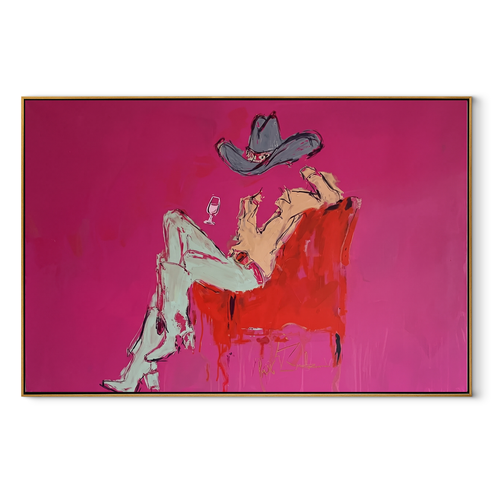 Pink Room Holds Repose Western figurative painting, horizontal canvas artwork