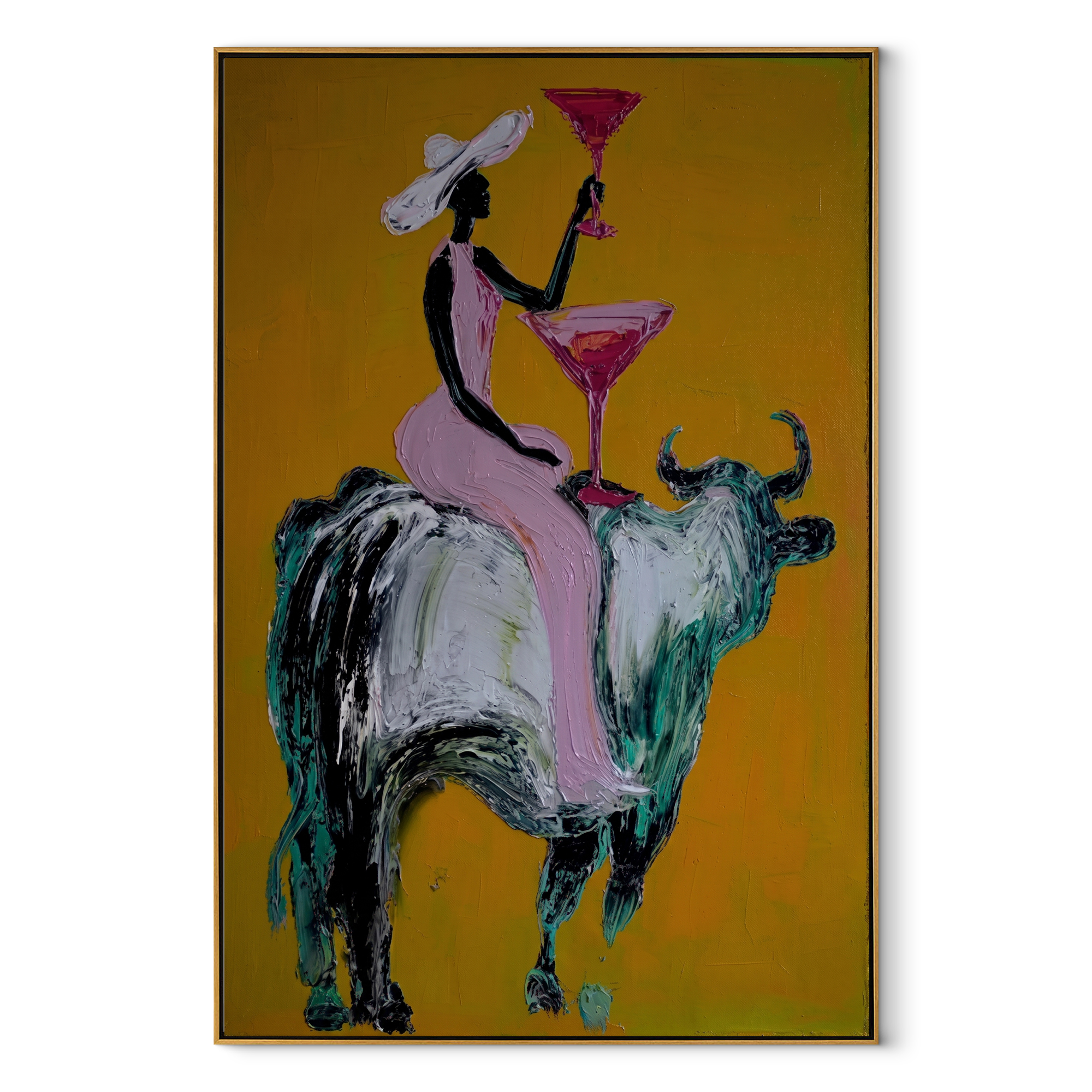 Golden Toast Rides Silver Western figurative painting, vertical canvas artwork