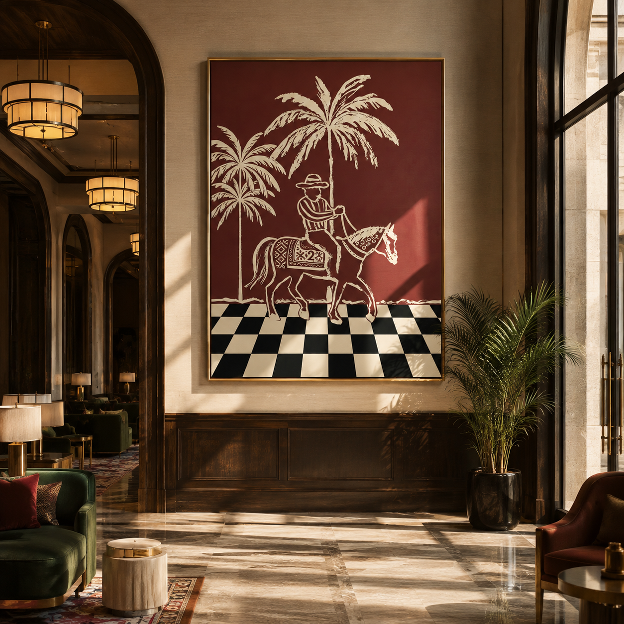 Checkerboard Guides Palm Rider presented as a colorful interior focal point