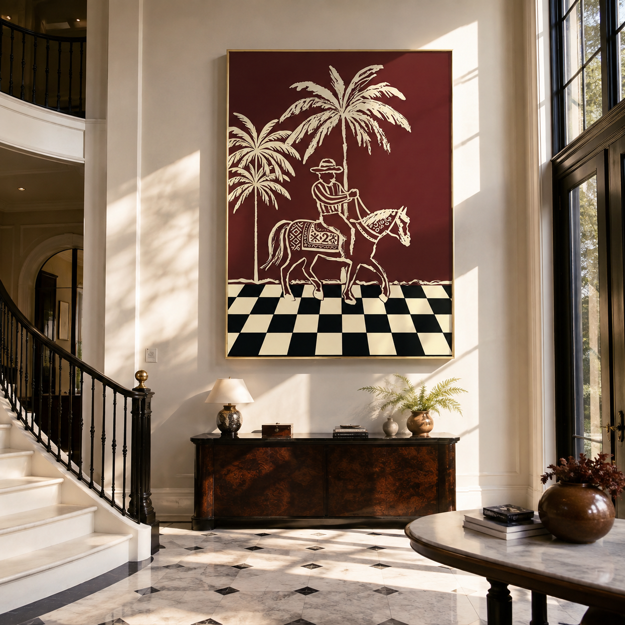 Checkerboard Guides Palm Rider styled with wood, linen, and modern decor