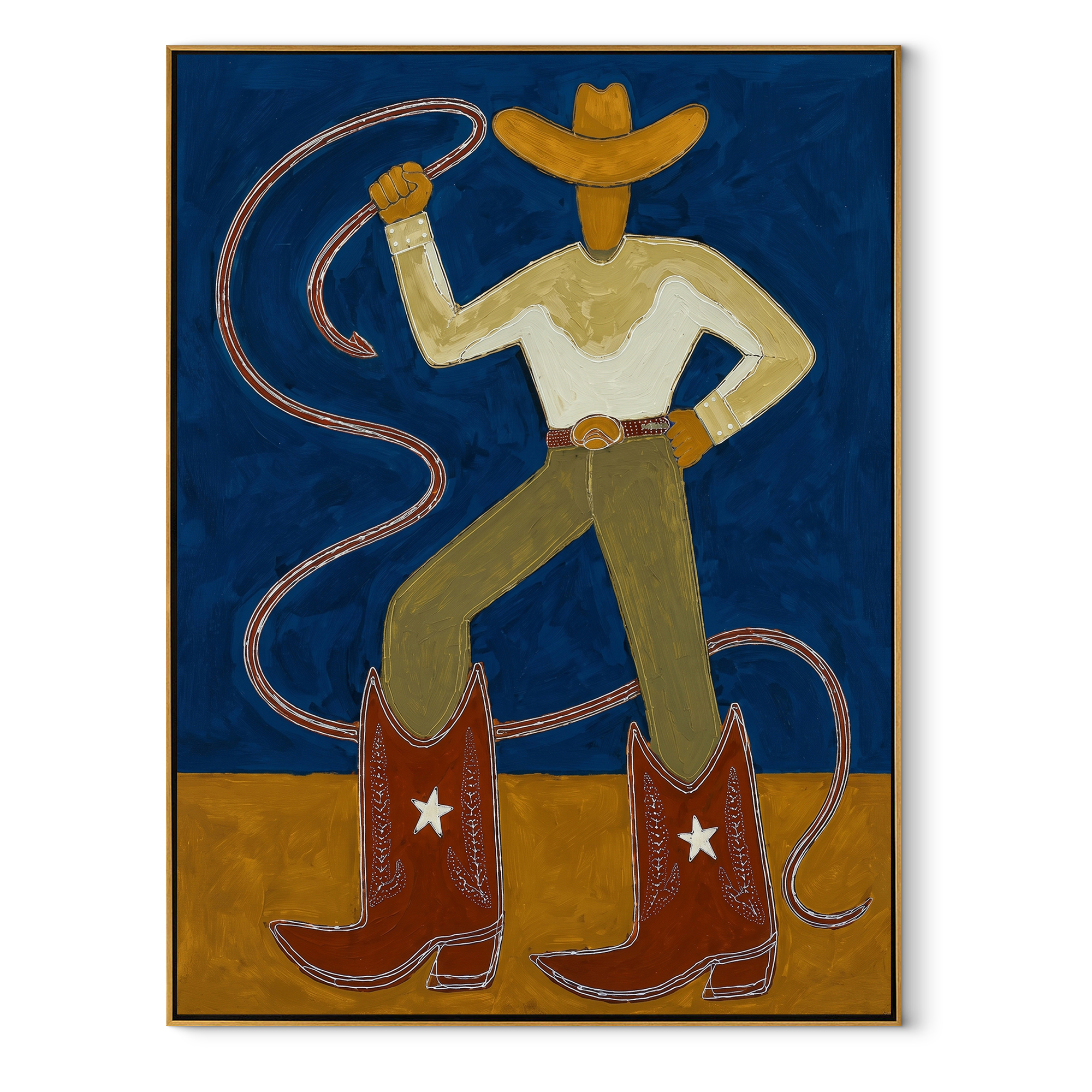 Golden Boots Command Blue Western figurative painting, vertical canvas artwork