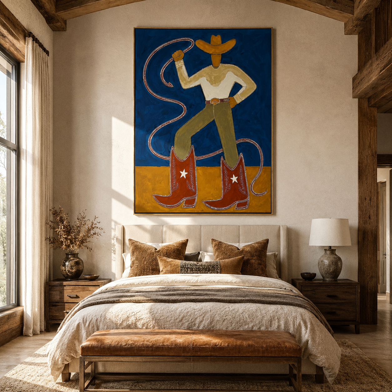 Golden Boots Command Blue styled with wood, linen, and modern decor