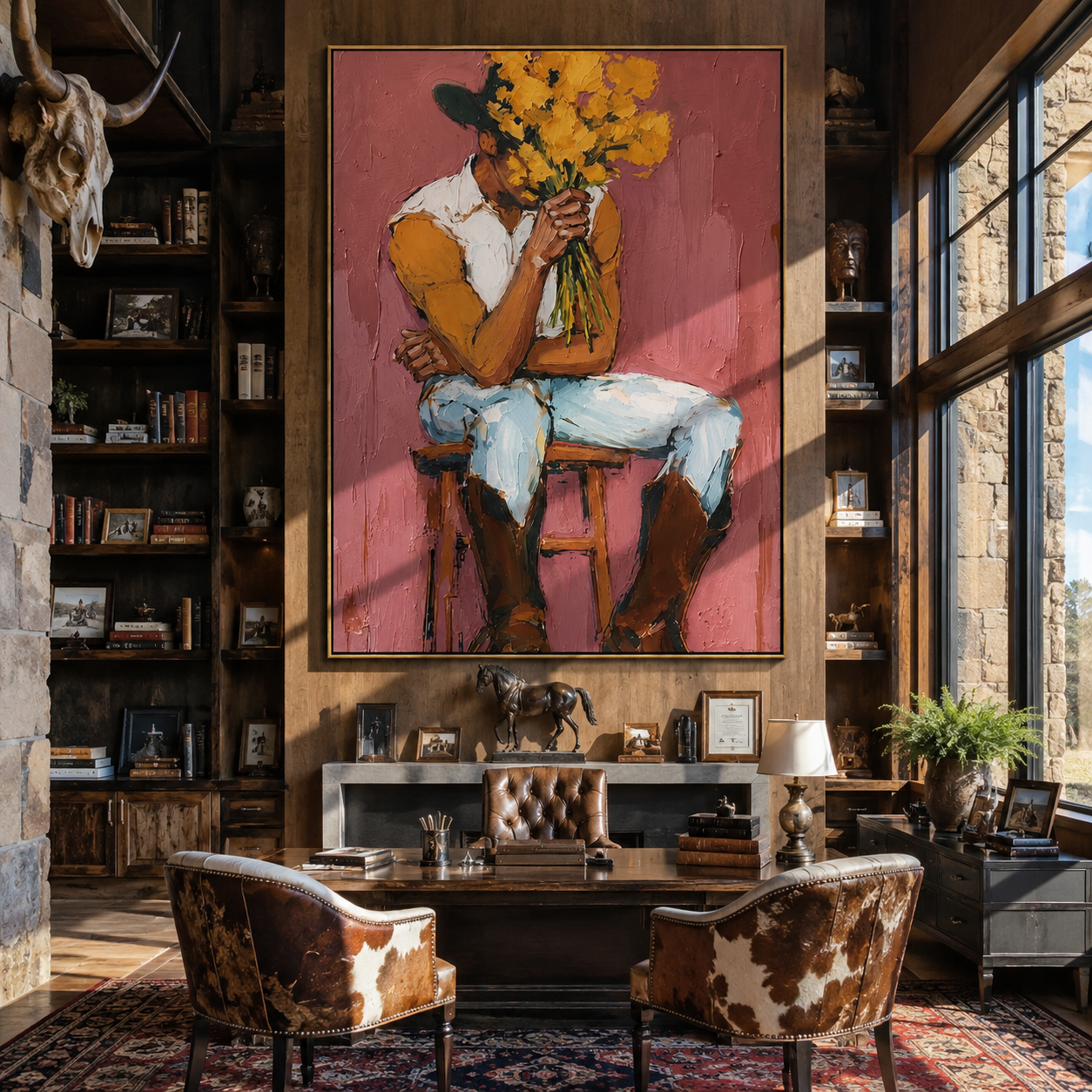 Ochre Flowers Hide Thought displayed in a layered residential setting
