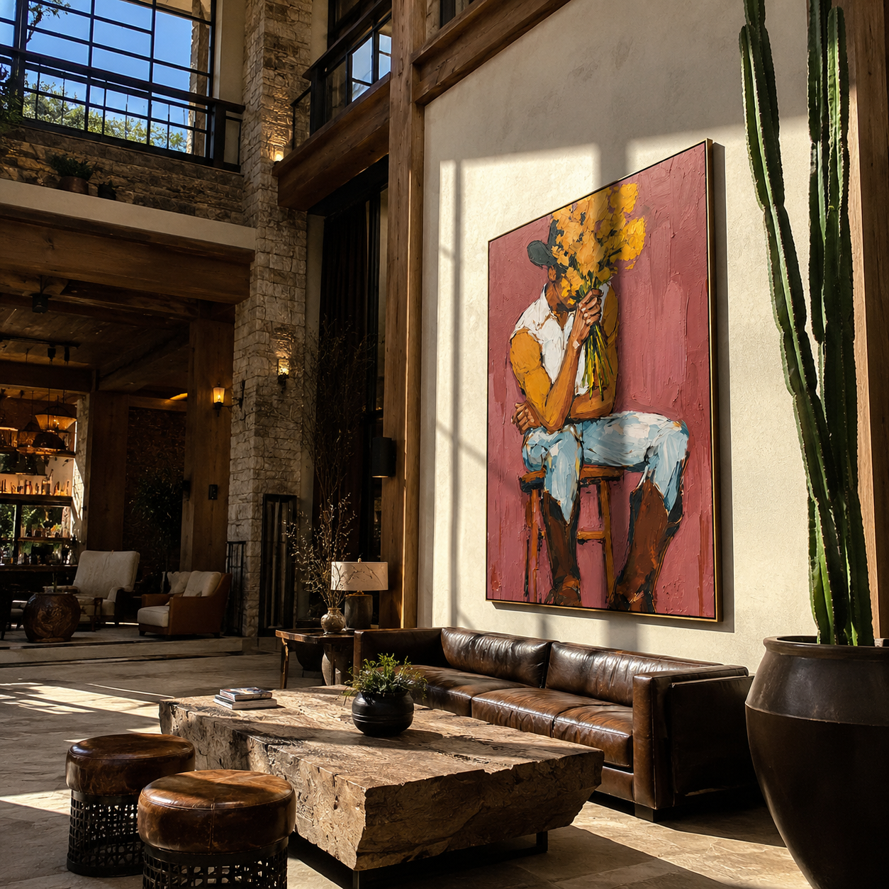 Ochre Flowers Hide Thought styled with wood, linen, and modern decor