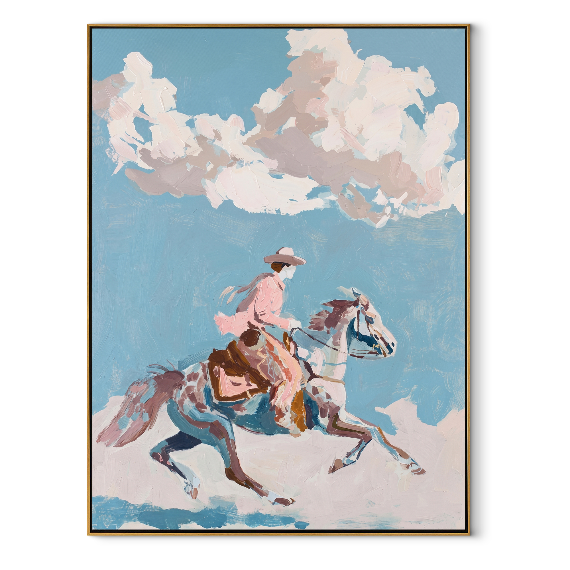 Pink Rider Crosses Clouds Western figurative painting, vertical canvas artwork