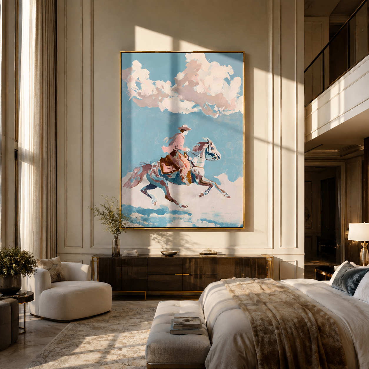 Pink Rider Crosses Clouds styled with wood, linen, and modern decor