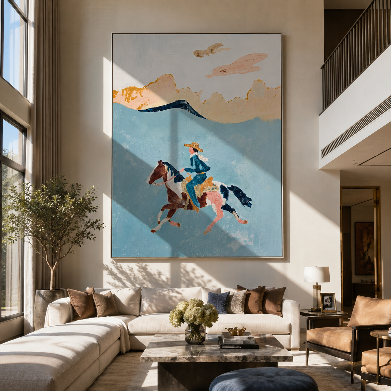 Three Horses Chase Wind styled with warm modern furnishings